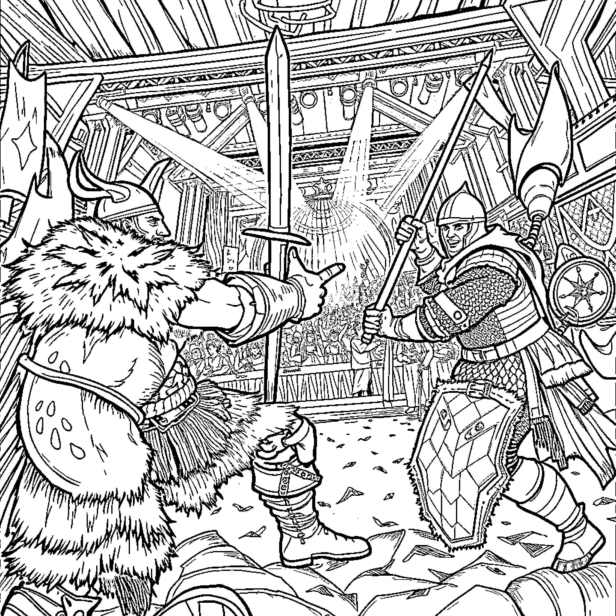 Viking warriors engaging in intense battle Coloring Page (free black-and-white line drawing printable PDF for all, from beginners to advanced learners, including children, teens, adults, and seniors)