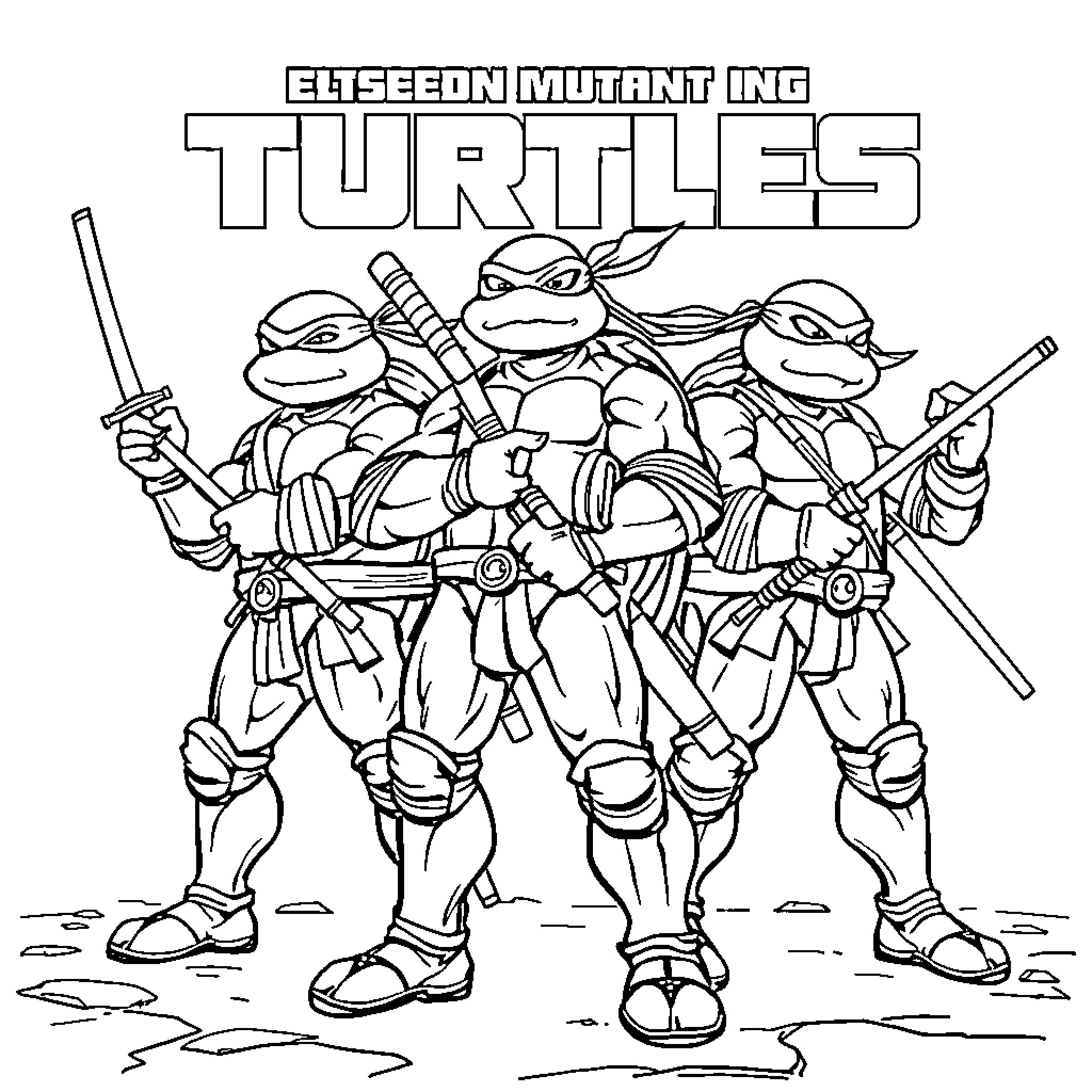Teenage Mutant Ninja Turtles armed and ready for action Coloring Page (free black-and-white line drawing printable PDF for all, from beginners to advanced learners, including children, teens, adults, and seniors)