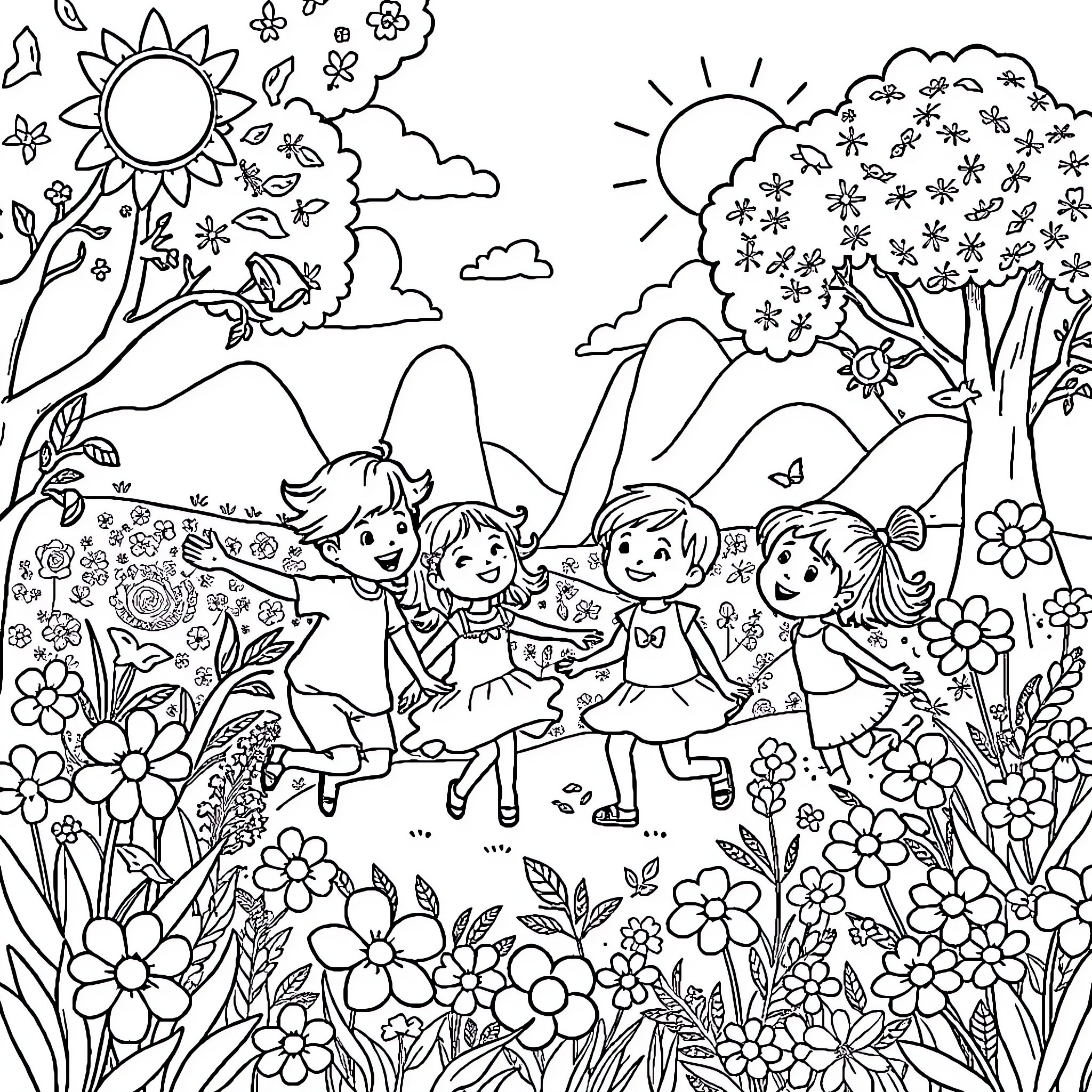 Child playing with friends in a flowery meadow Coloring Page (free black-and-white line drawing printable PDF for all, from beginners to advanced learners, including children, teens, adults, and seniors)