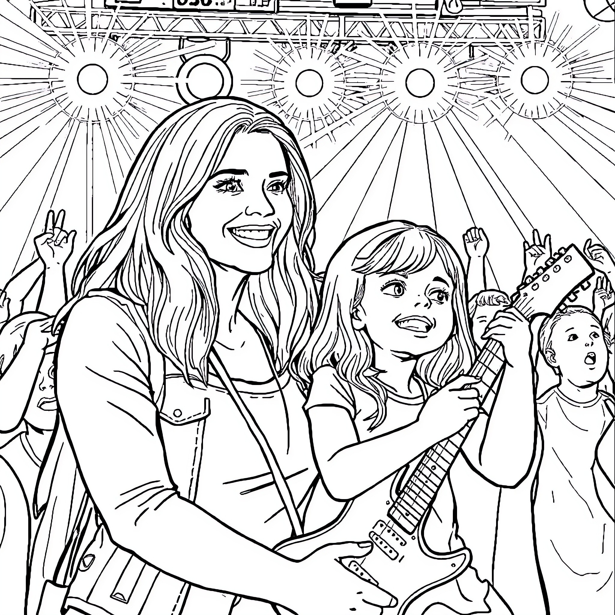 Mom and daughters enjoying a music performance Coloring Page (free black-and-white line drawing printable PDF for all, from beginners to advanced learners, including children, teens, adults, and seniors)