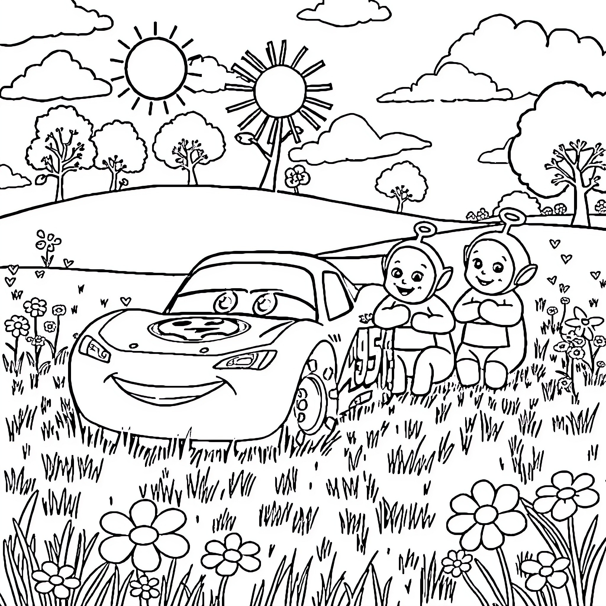 Lightning McQueen's Sunny Adventure Coloring Page (free black-and-white line drawing printable PDF for all, from beginners to advanced learners, including children, teens, adults, and seniors)