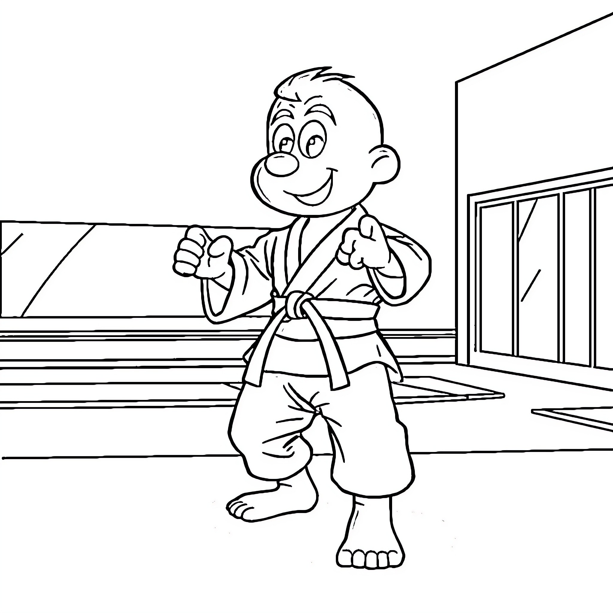 Bluey practicing karate at home Coloring Page (free black-and-white line drawing printable PDF for all, from beginners to advanced learners, including children, teens, adults, and seniors)