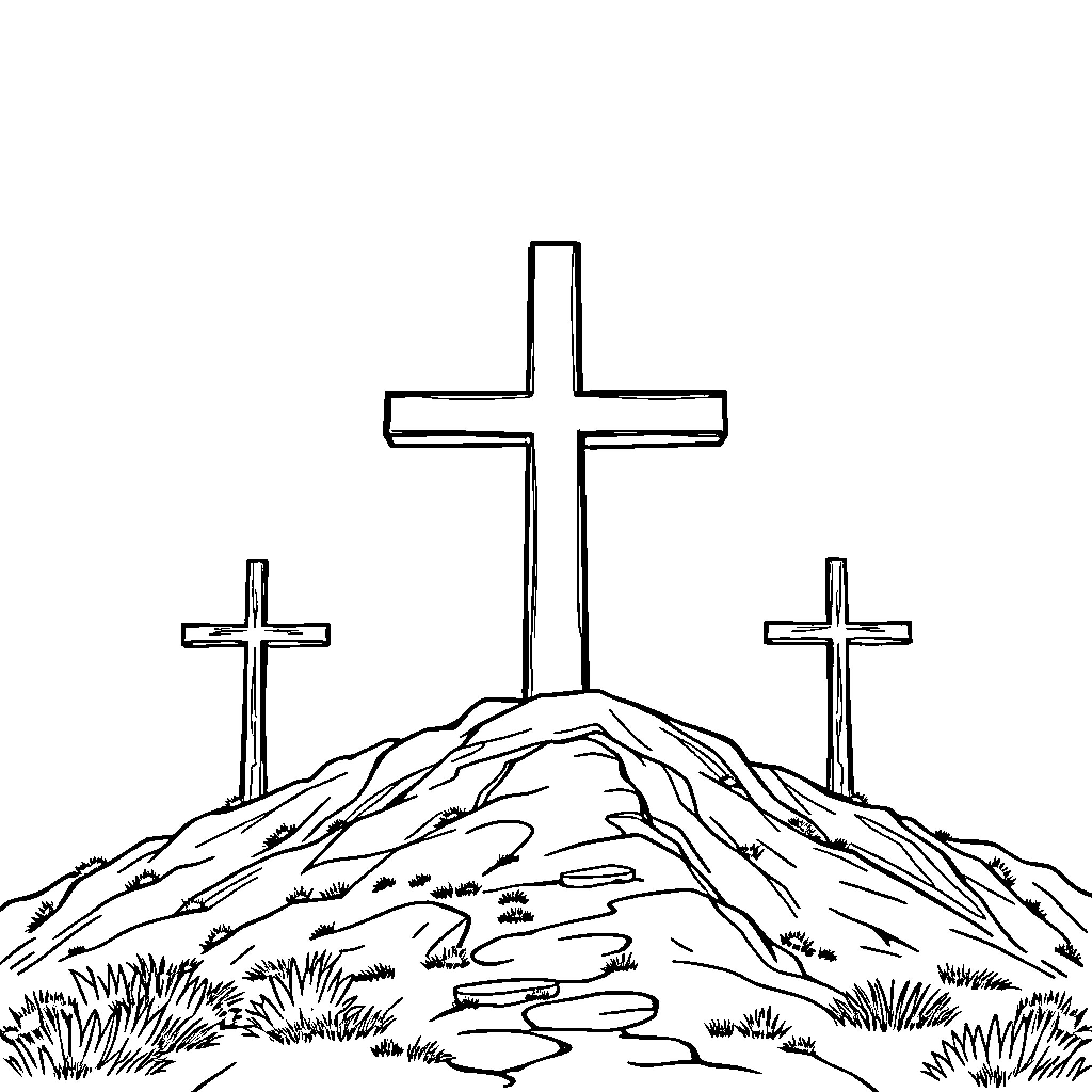 Cross on a Hillside with Three Crosses Coloring Page (free black-and-white line drawing printable PDF for all, from beginners to advanced learners, including children, teens, adults, and seniors)
