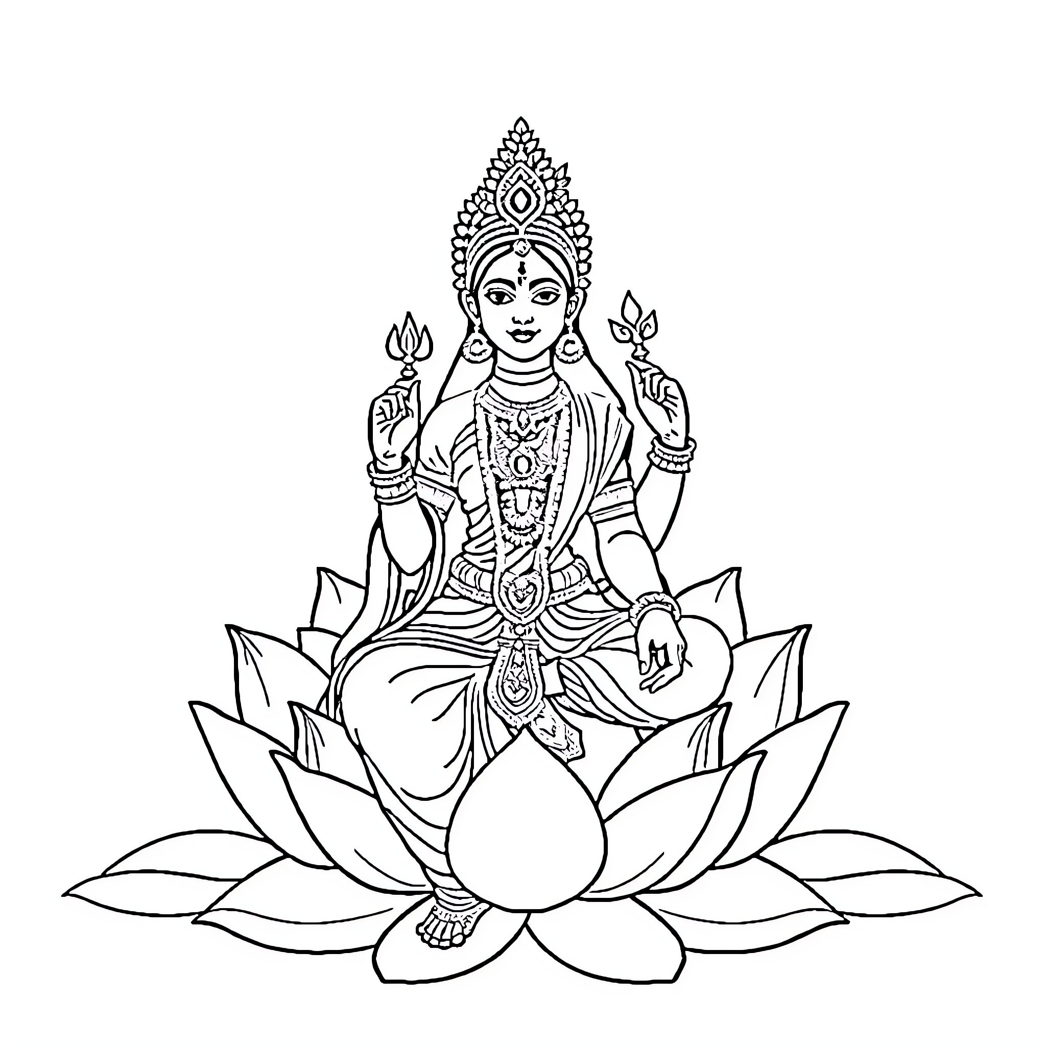 Lakshmi seated in meditation on a lotus flower Coloring Page (free black-and-white line drawing printable PDF for all, from beginners to advanced learners, including children, teens, adults, and seniors)