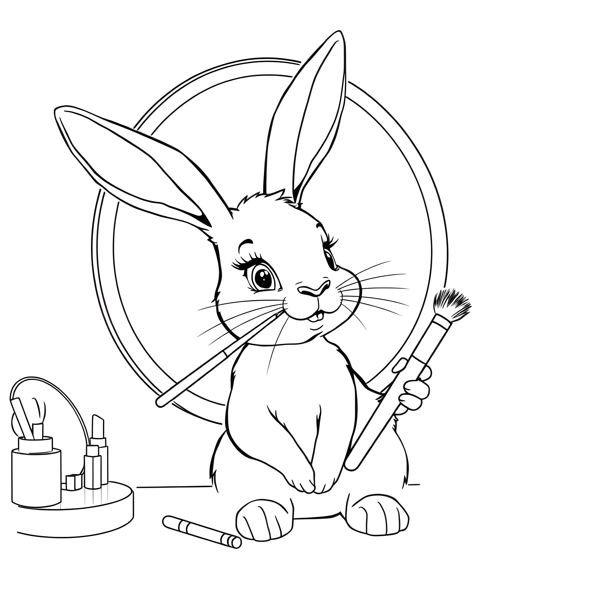 Rabbit getting ready with makeup and mirror Coloring Page (free black-and-white line drawing printable PDF for all, from beginners to advanced learners, including children, teens, adults, and seniors)