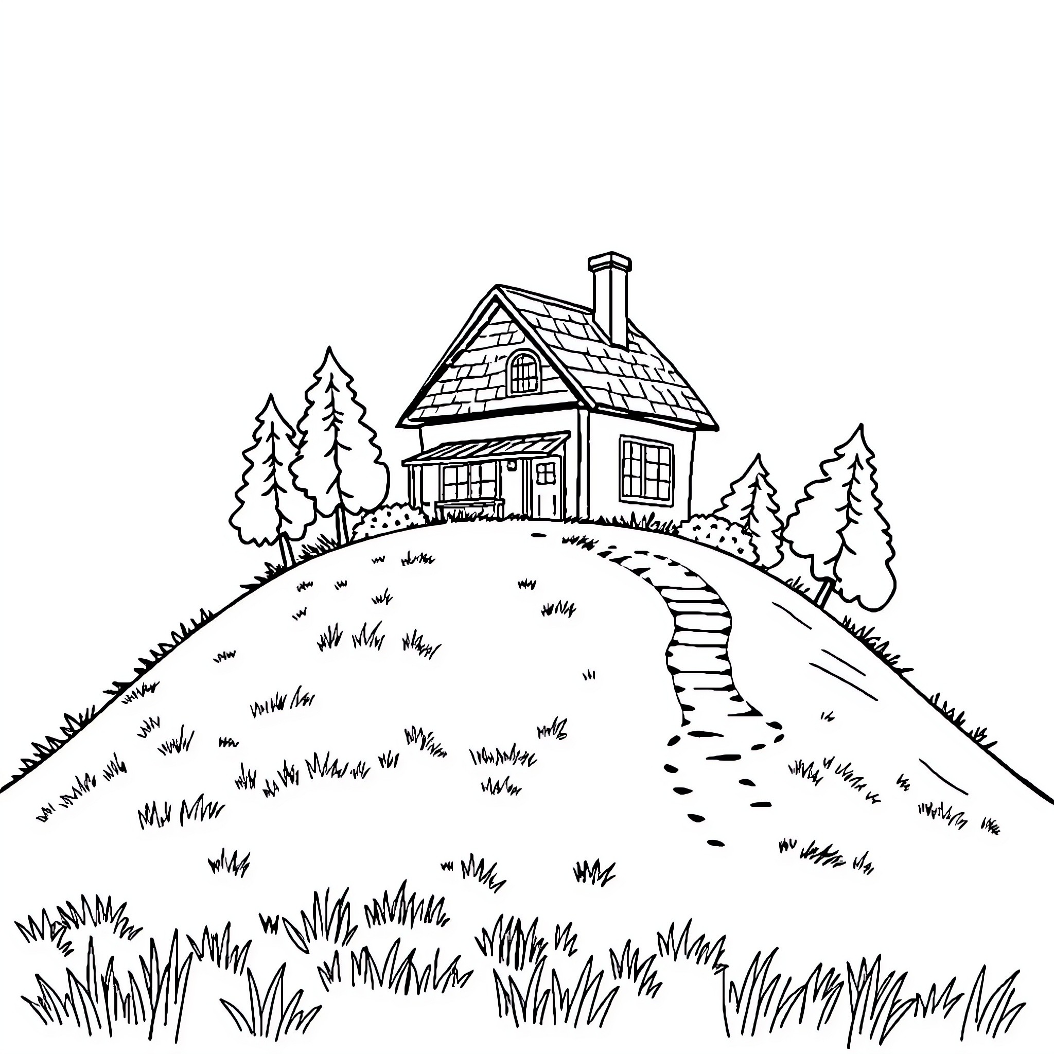 House on a Grassy Hill with Pine Trees Coloring Page (free black-and-white line drawing printable PDF for all, from beginners to advanced learners, including children, teens, adults, and seniors)