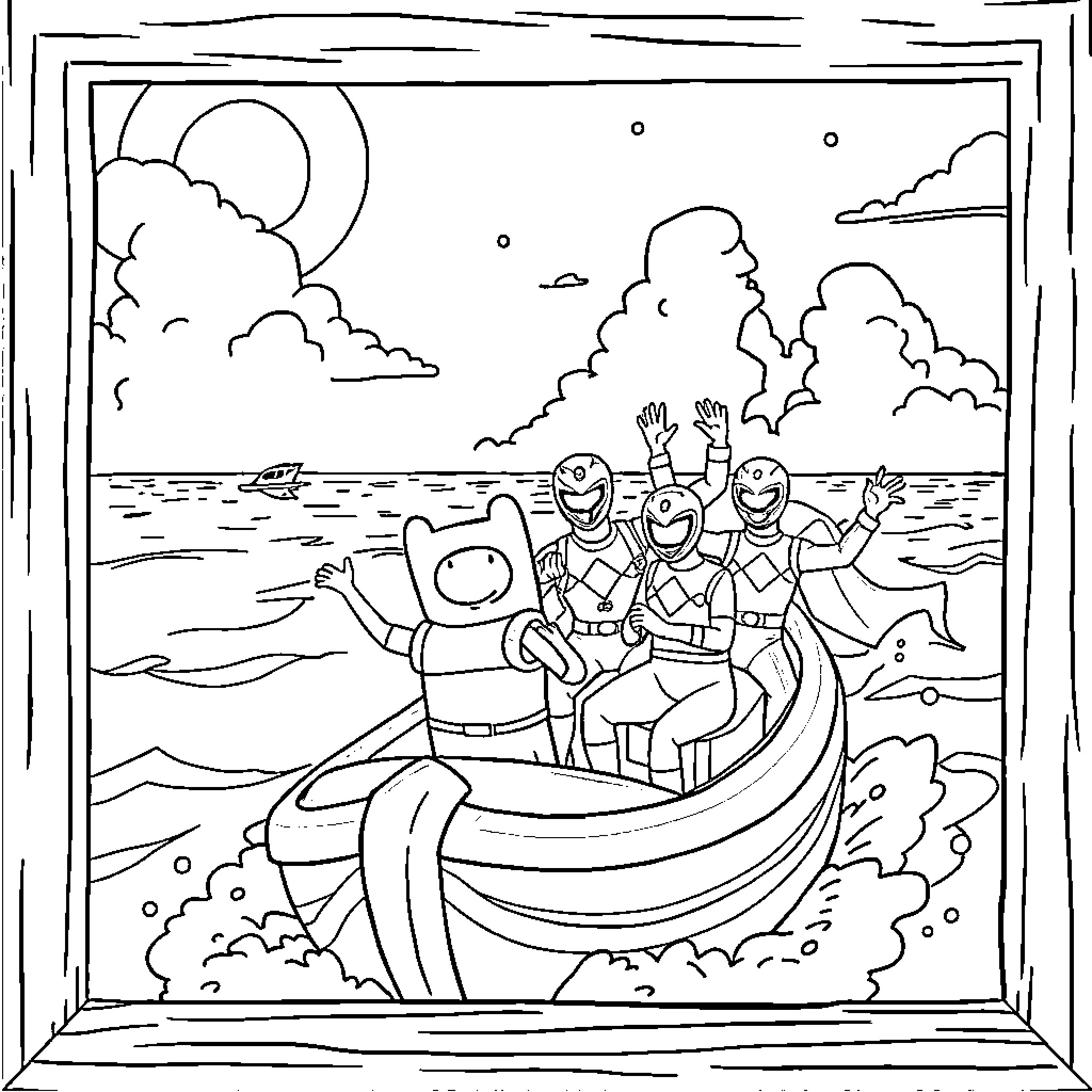Jake and the Power Rangers on a Boat Adventure Coloring Page (free black-and-white line drawing printable PDF for all, from beginners to advanced learners, including children, teens, adults, and seniors)