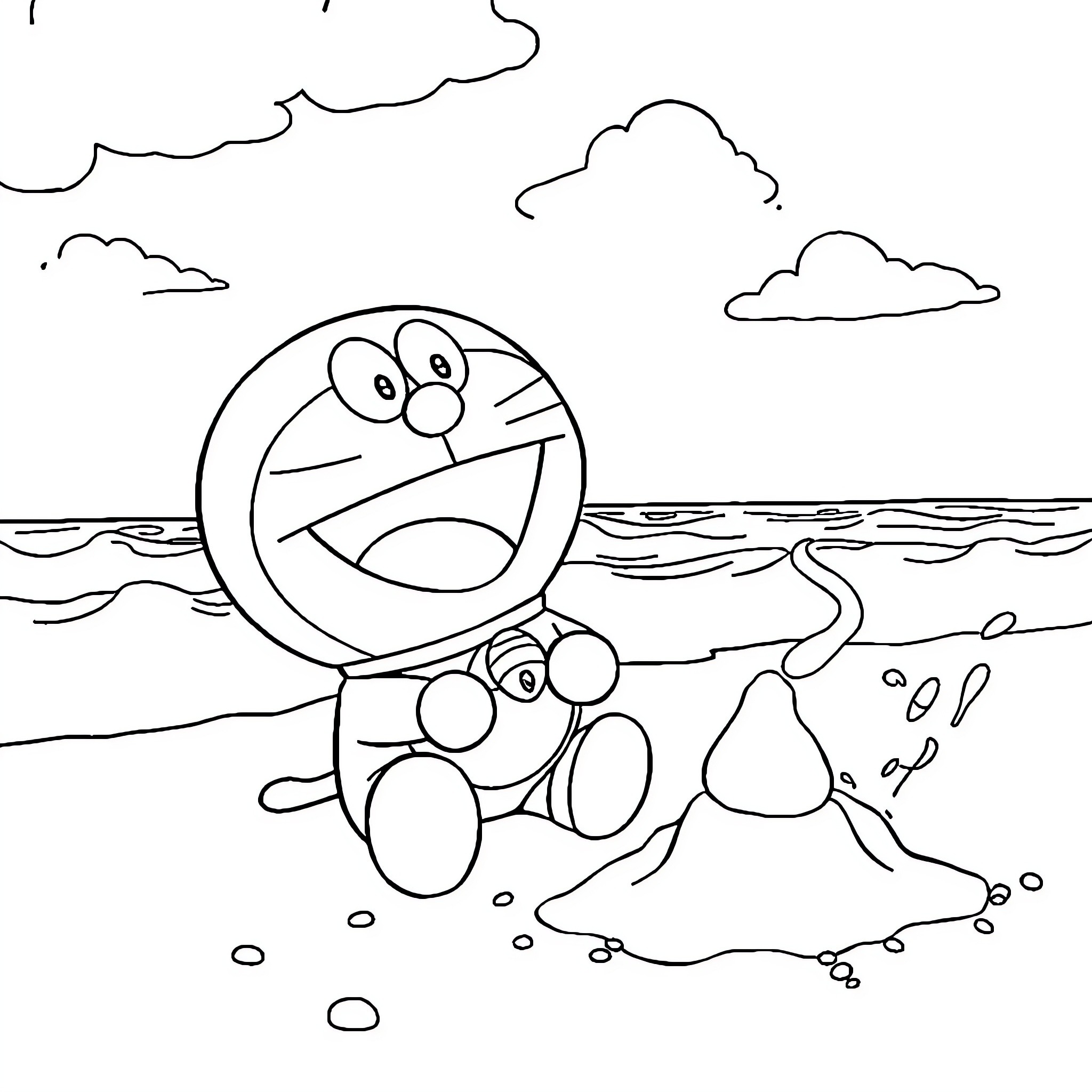 Doraemon playing happily by the beach Coloring Page (free black-and-white line drawing printable PDF for all, from beginners to advanced learners, including children, teens, adults, and seniors)