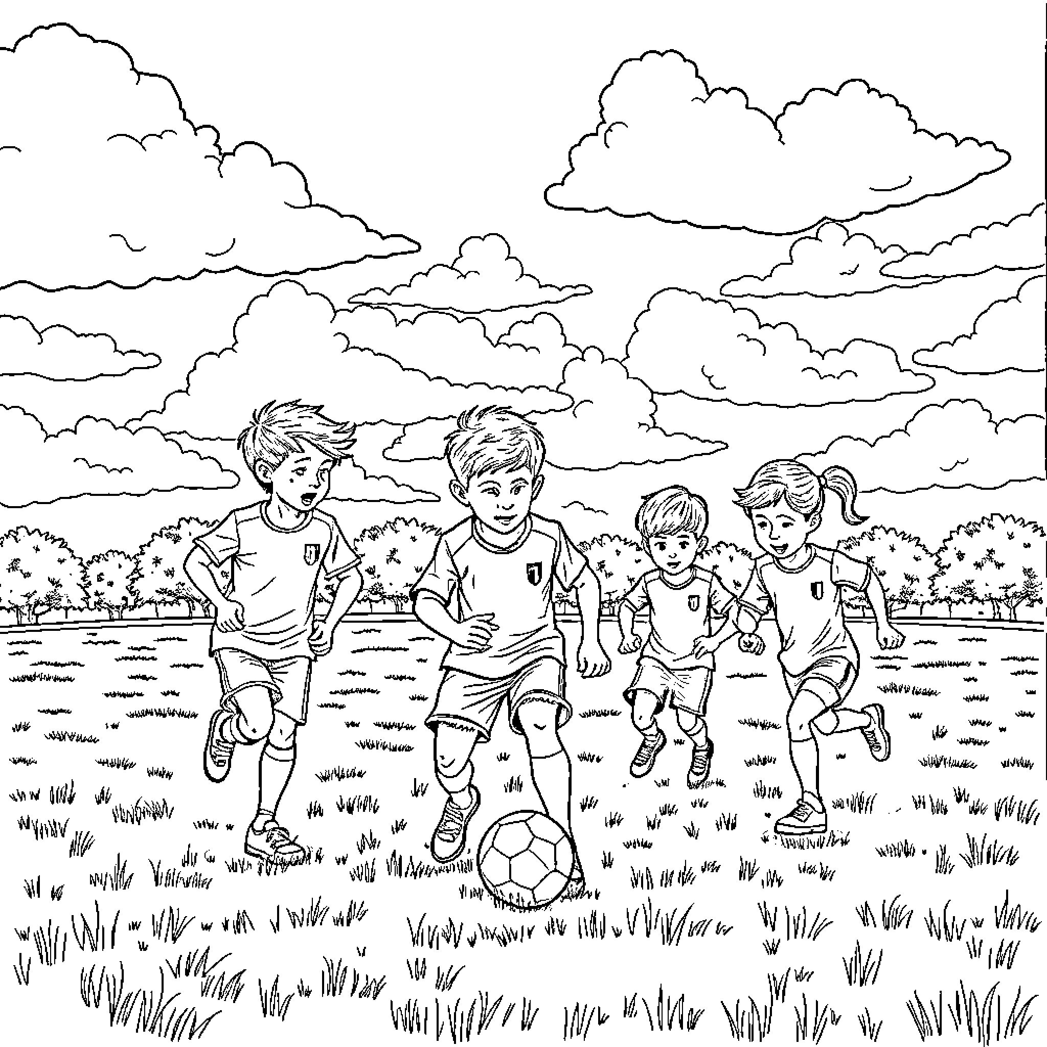 Brainrot: Children playing soccer in the park Coloring Page (free black-and-white line drawing printable PDF for all, from beginners to advanced learners, including children, teens, adults, and seniors)