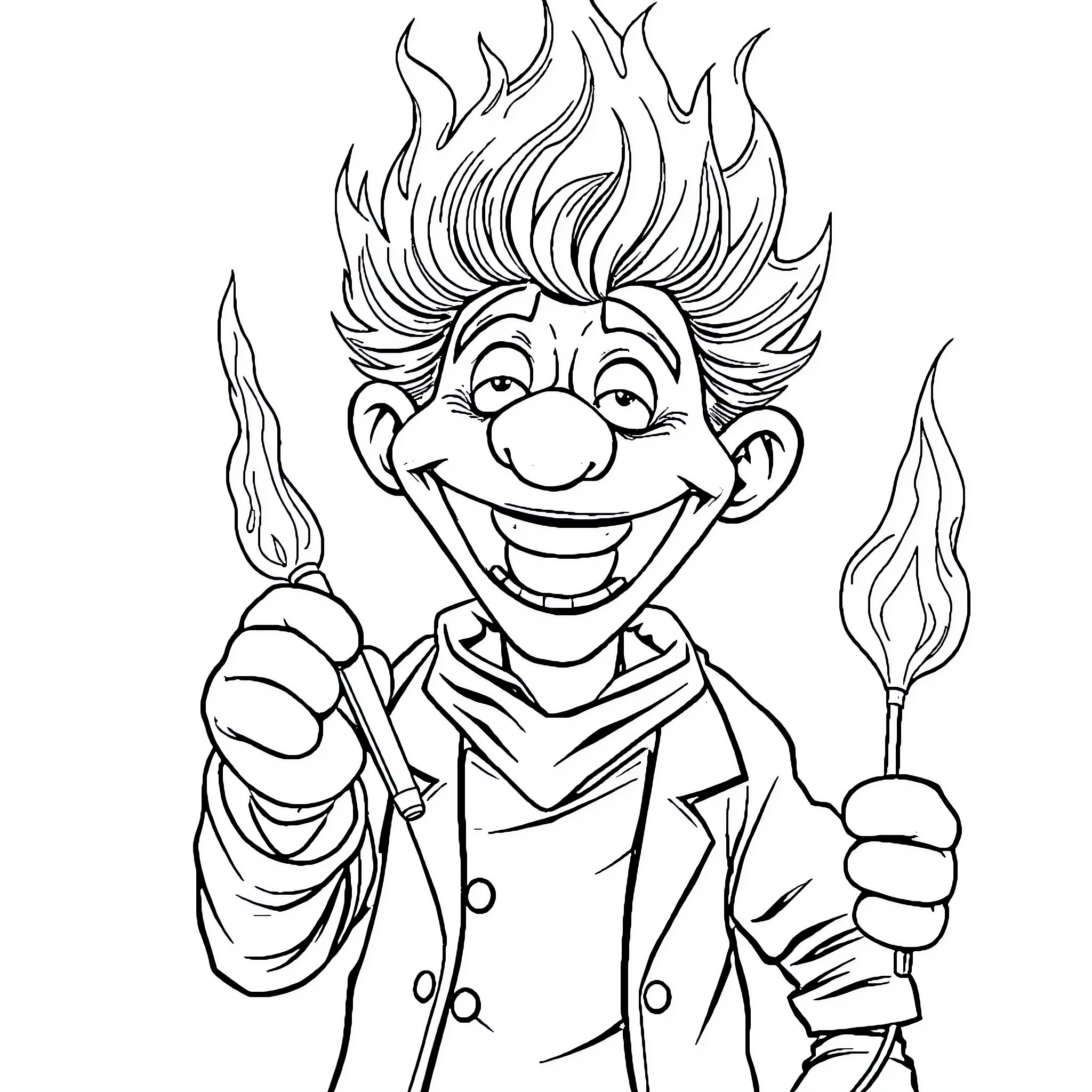 Puppet with wild hair and mischievous expression Coloring Page (free black-and-white line drawing printable PDF for all, from beginners to advanced learners, including children, teens, adults, and seniors)
