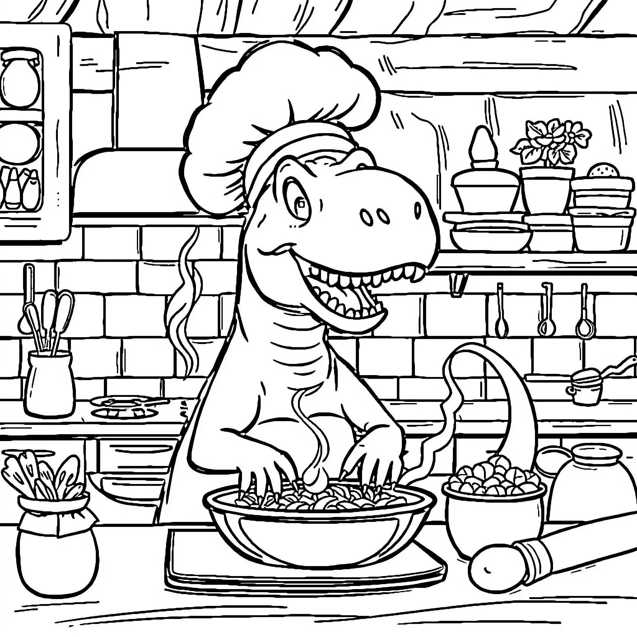 Dinosaur chef cooking in the kitchen Coloring Page (free black-and-white line drawing printable PDF for all, from beginners to advanced learners, including children, teens, adults, and seniors)