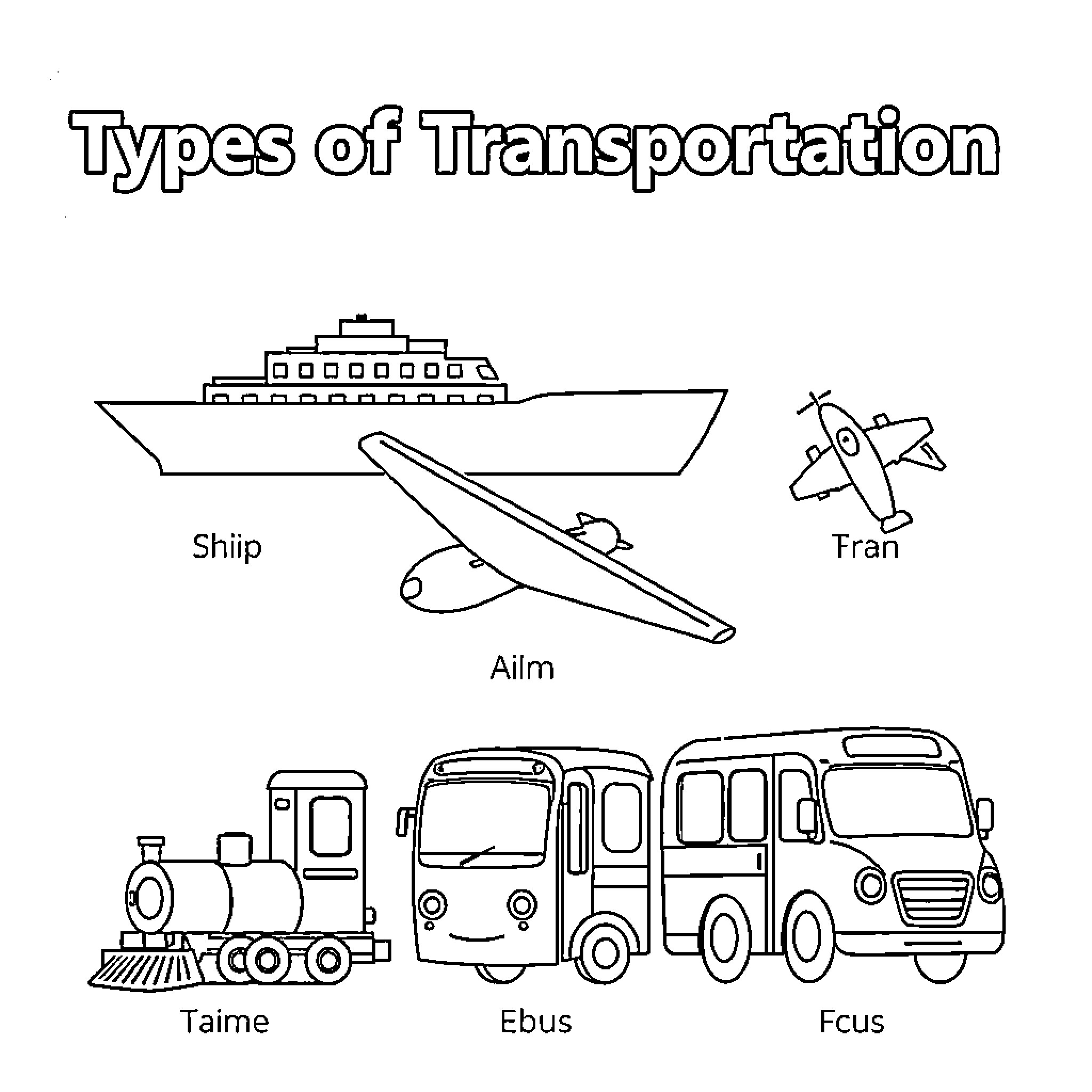 Transportation modes and types illustrated Coloring Page (free black-and-white line drawing printable PDF for all, from beginners to advanced learners, including children, teens, adults, and seniors)