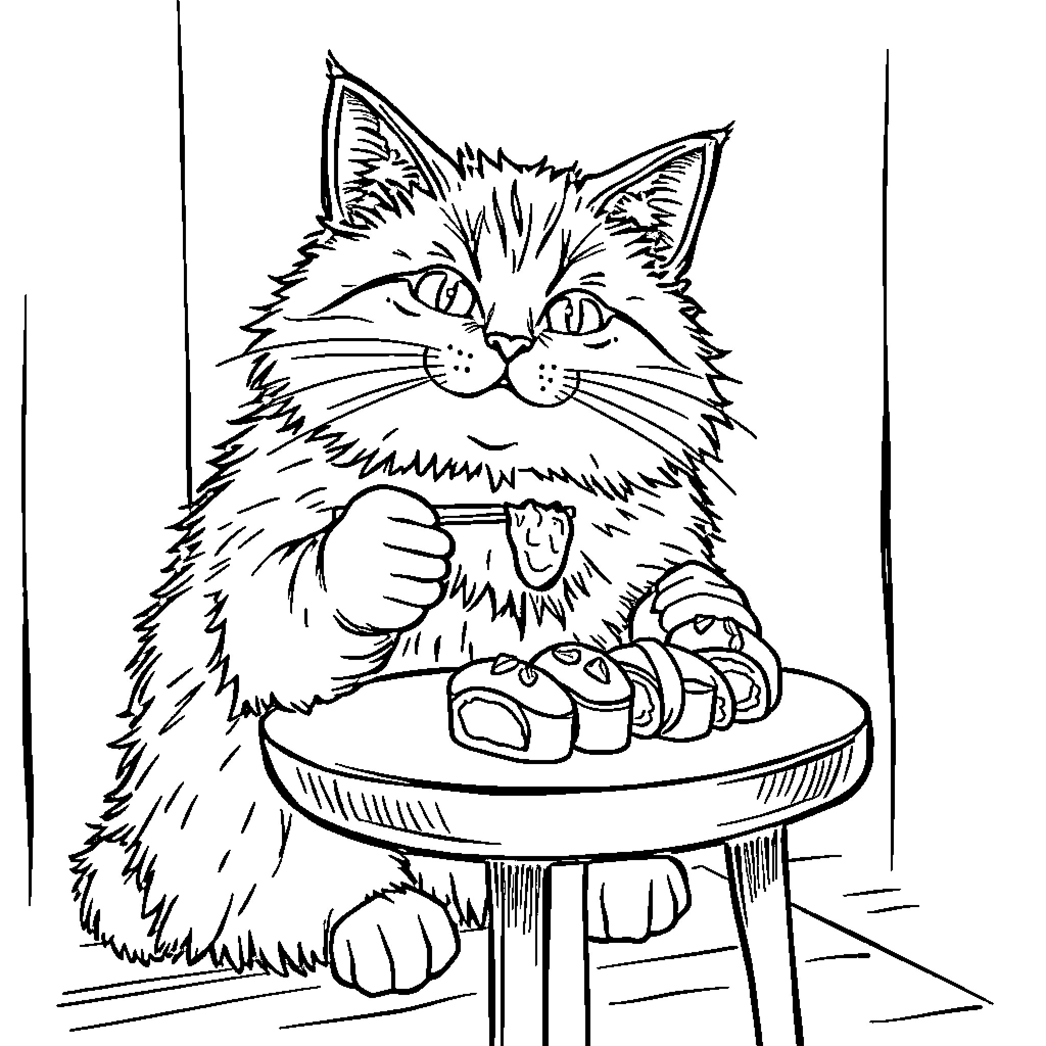 Cat Eating Sushi Happily Coloring Page (free black-and-white line drawing printable PDF for all, from beginners to advanced learners, including children, teens, adults, and seniors)