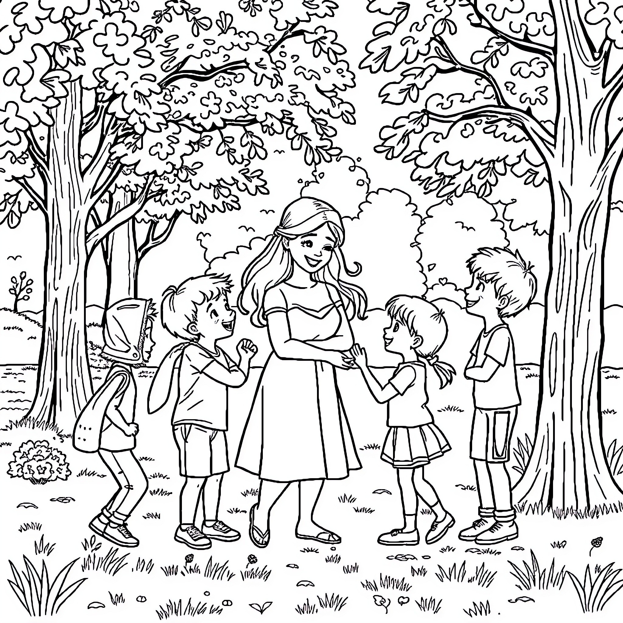 Kid playing with friends in a lush forest Coloring Page (free black-and-white line drawing printable PDF for all, from beginners to advanced learners, including children, teens, adults, and seniors)