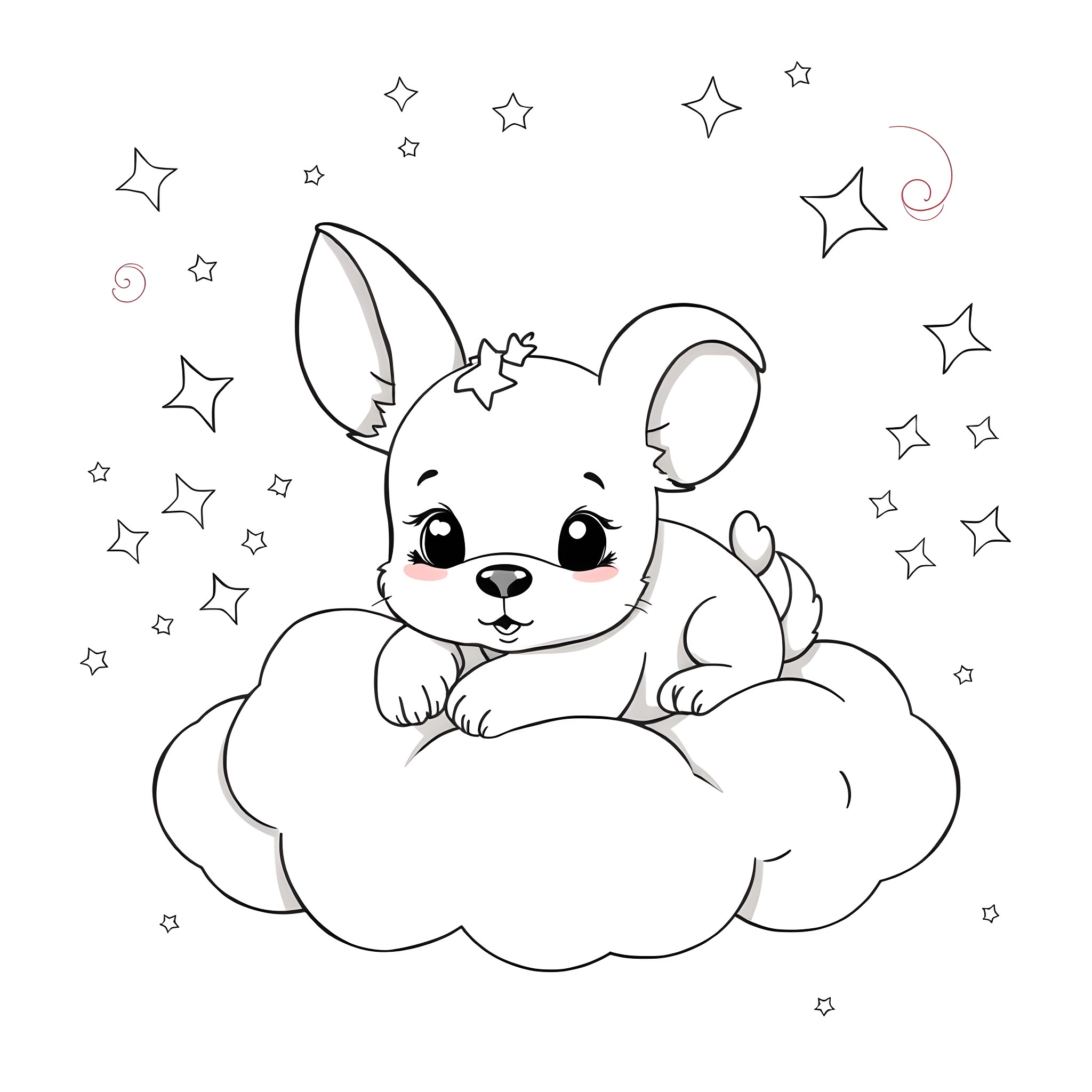 Cinnamonroll playing among the stars Coloring Page (free black-and-white line drawing printable PDF for all, from beginners to advanced learners, including children, teens, adults, and seniors)