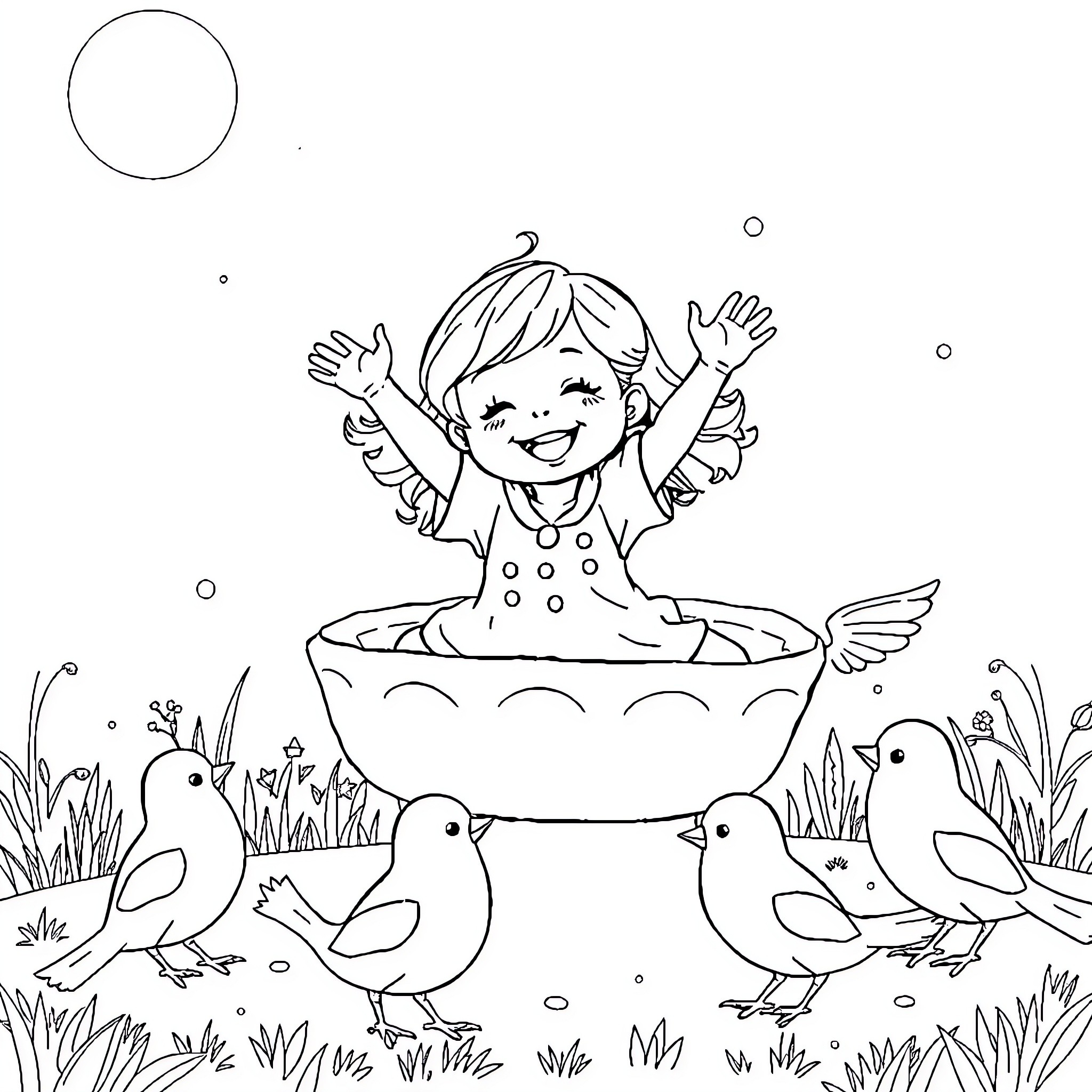 Child playing joyfully with birds in nature Coloring Page (free black-and-white line drawing printable PDF for all, from beginners to advanced learners, including children, teens, adults, and seniors)