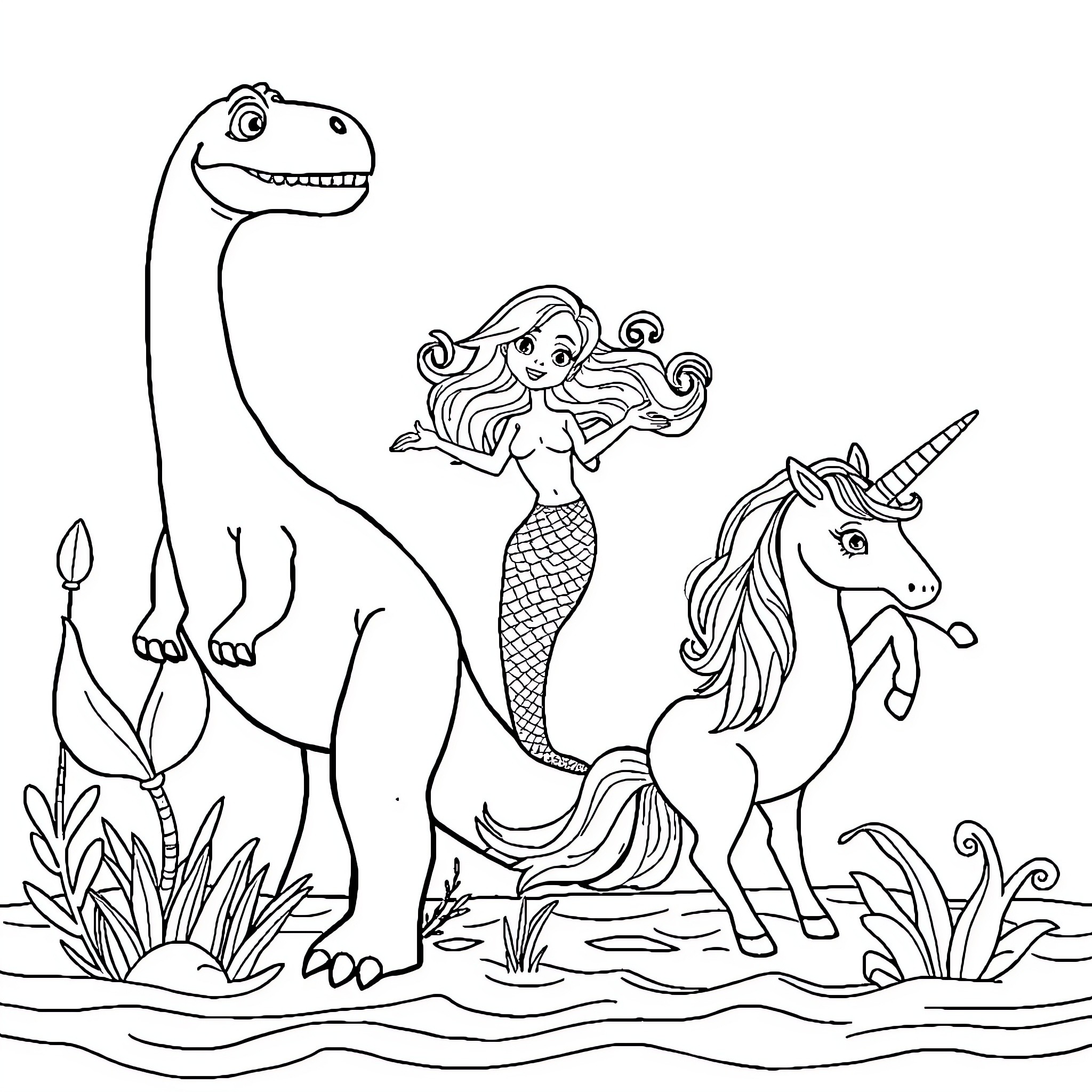 Dinosaur, Mermaid, and Unicorn in Fantastical Scene Coloring Page (free black-and-white line drawing printable PDF for all, from beginners to advanced learners, including children, teens, adults, and seniors)
