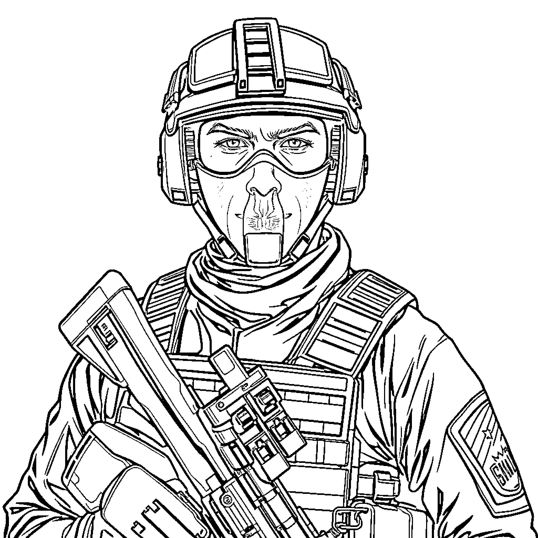 Special Forces Soldier in Tactical Gear and Helmet Coloring Page (free black-and-white line drawing printable PDF for all, from beginners to advanced learners, including children, teens, adults, and seniors)