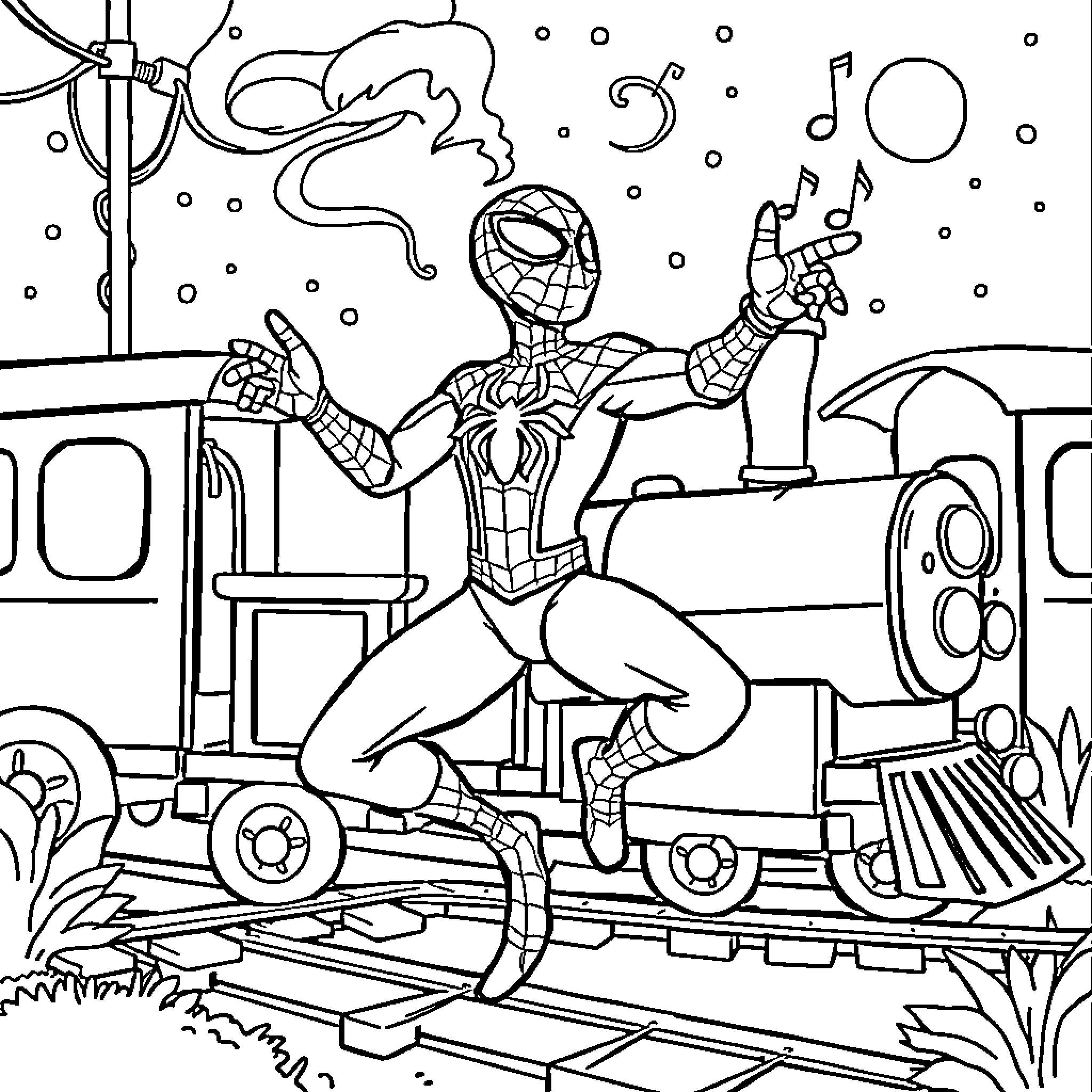 Spiderman dancing joyfully on a train Coloring Page (free black-and-white line drawing printable PDF for all, from beginners to advanced learners, including children, teens, adults, and seniors)