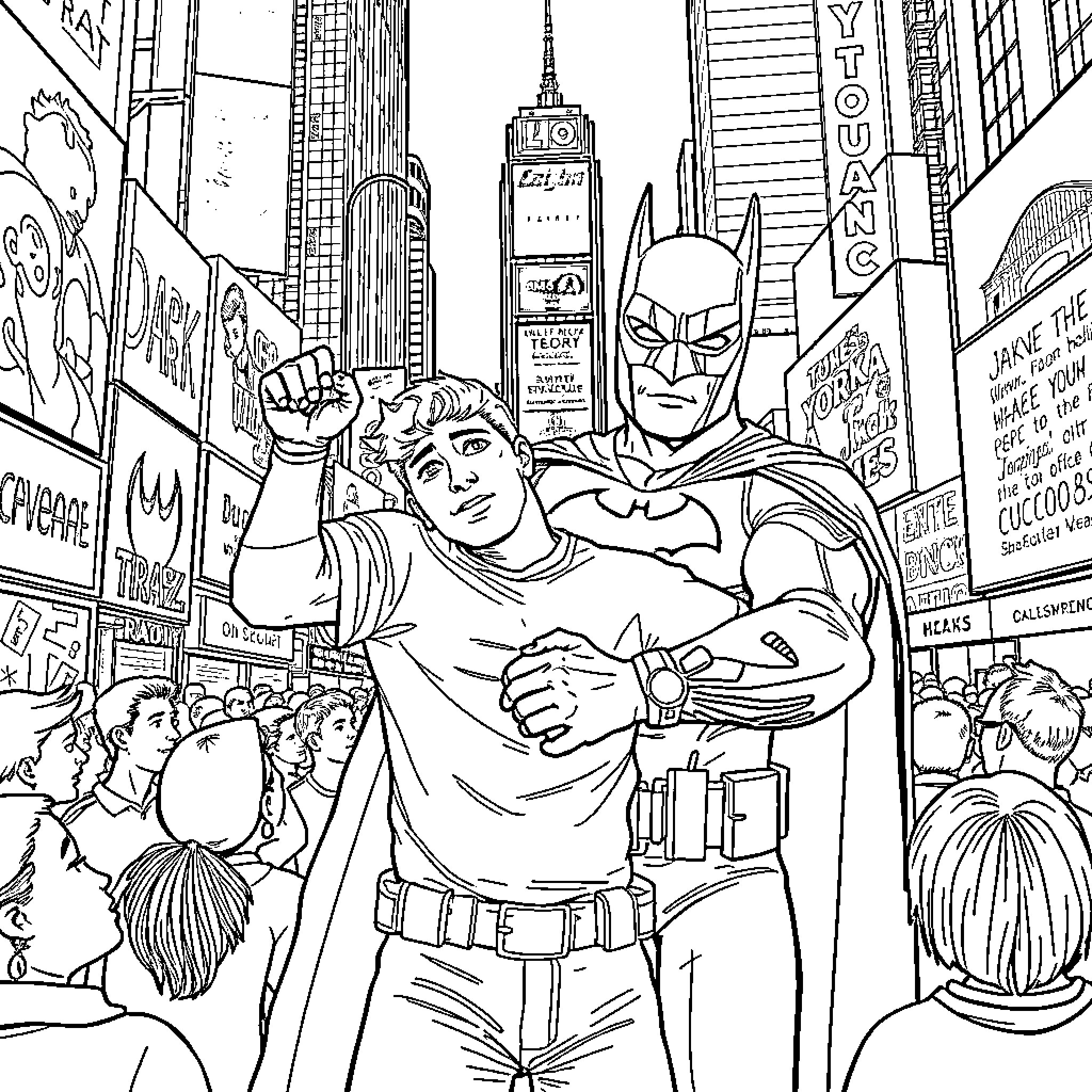 Jake Paul Fights in a Crowded City Street Coloring Page (free black-and-white line drawing printable PDF for all, from beginners to advanced learners, including children, teens, adults, and seniors)