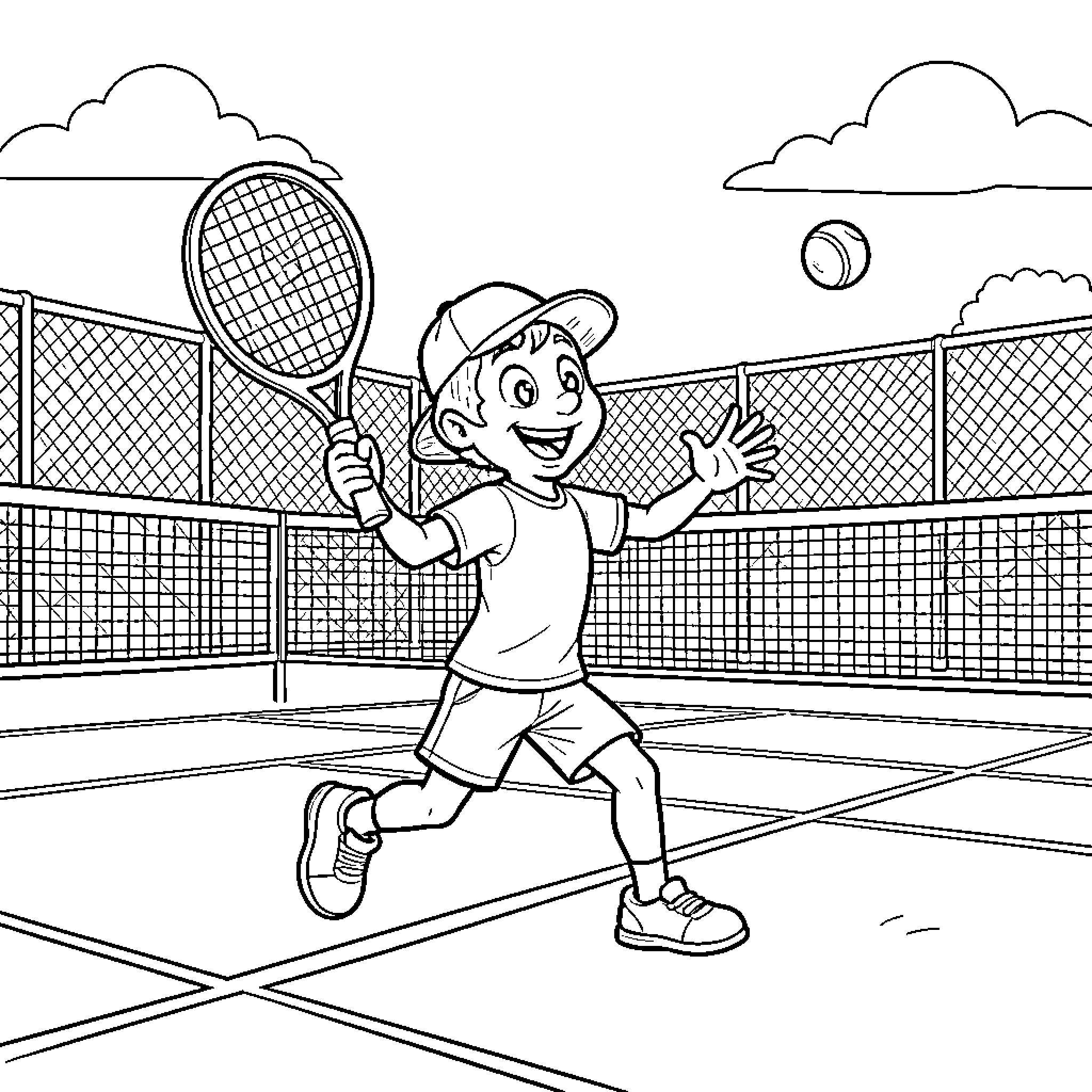 Nemo playing tennis on a court with a racket Coloring Page (free black-and-white line drawing printable PDF for all, from beginners to advanced learners, including children, teens, adults, and seniors)