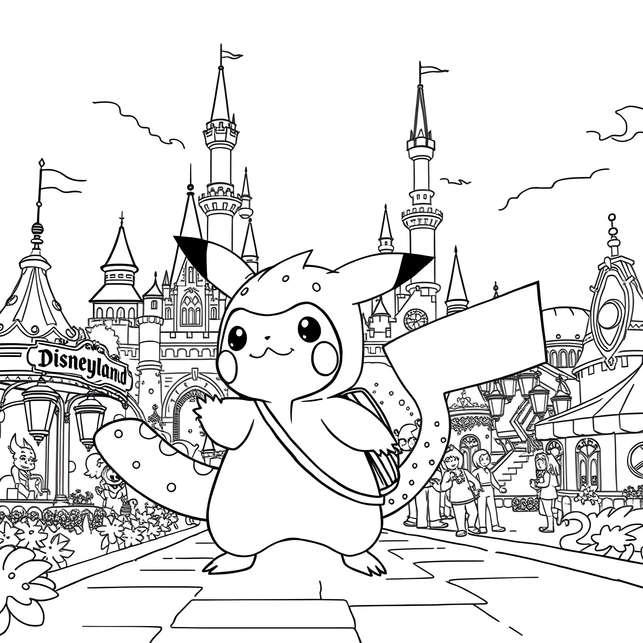 Pikachu exploring the enchanting Disneyland Coloring Page (free black-and-white line drawing printable PDF for all, from beginners to advanced learners, including children, teens, adults, and seniors)