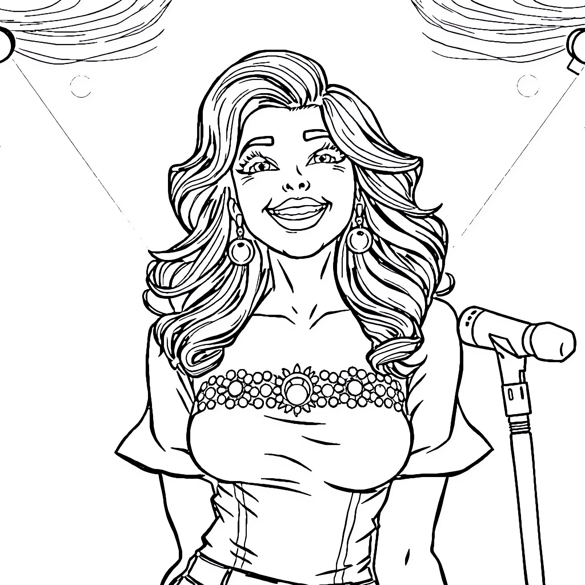 Karina Singing Joyfully on Stage Coloring Page (free black-and-white line drawing printable PDF for all, from beginners to advanced learners, including children, teens, adults, and seniors)