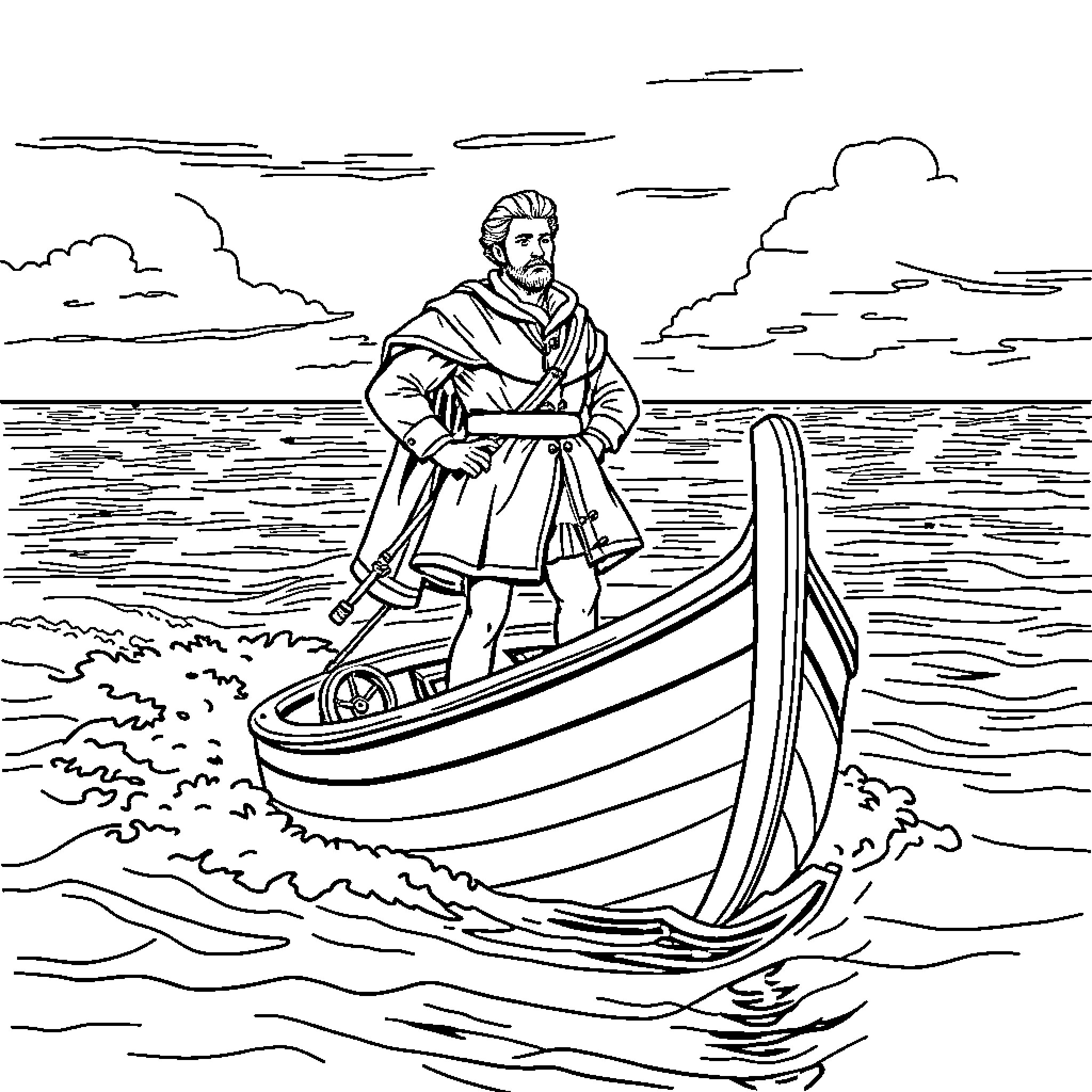 Philippe de Villiers sailing on a boat across the stormy sea Coloring Page (free black-and-white line drawing printable PDF for all, from beginners to advanced learners, including children, teens, adults, and seniors)