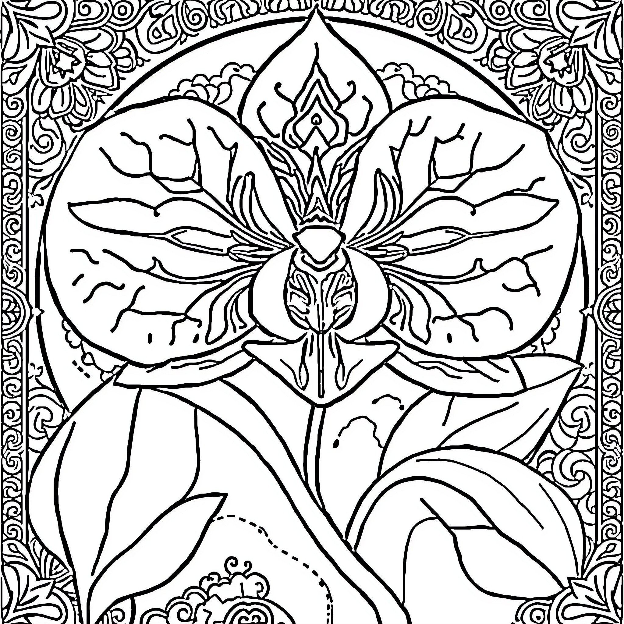 Orchid in Elegant Floral Symmetry Coloring Page (free black-and-white line drawing printable PDF for all, from beginners to advanced learners, including children, teens, adults, and seniors)