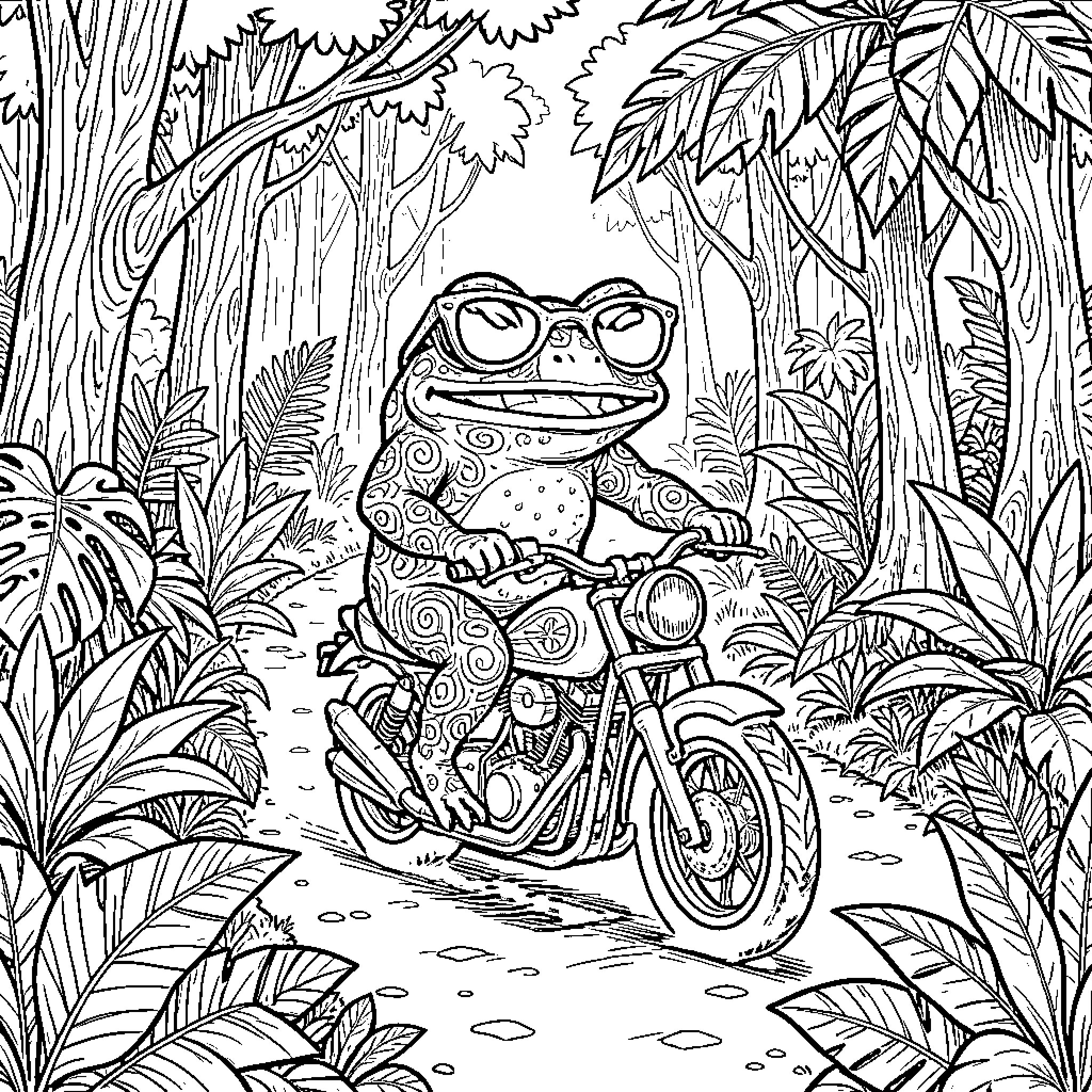 Toad wearing sunglasses riding a motorcycle through the jungle Coloring Page (free black-and-white line drawing printable PDF for all, from beginners to advanced learners, including children, teens, adults, and seniors)