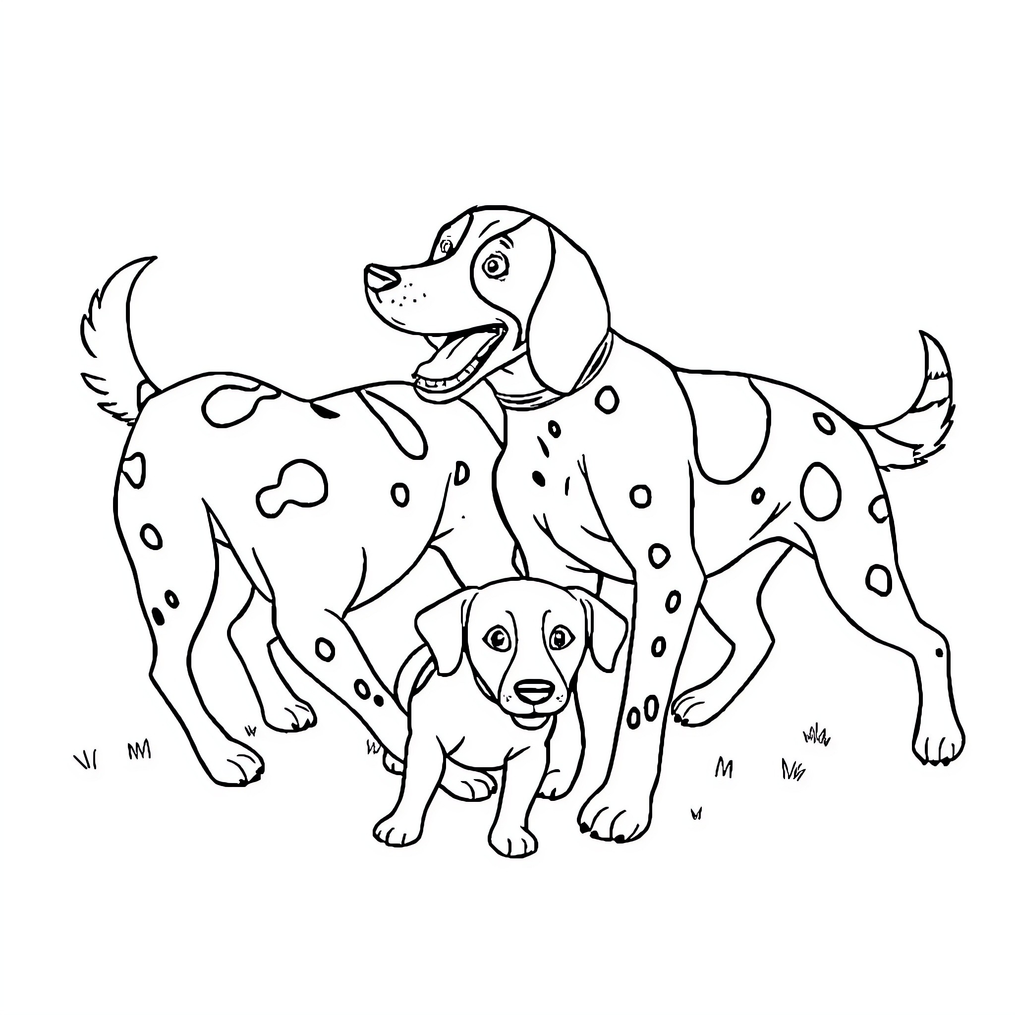 Dog and Puppy Playing Outdoors Coloring Page (free black-and-white line drawing printable PDF for all, from beginners to advanced learners, including children, teens, adults, and seniors)