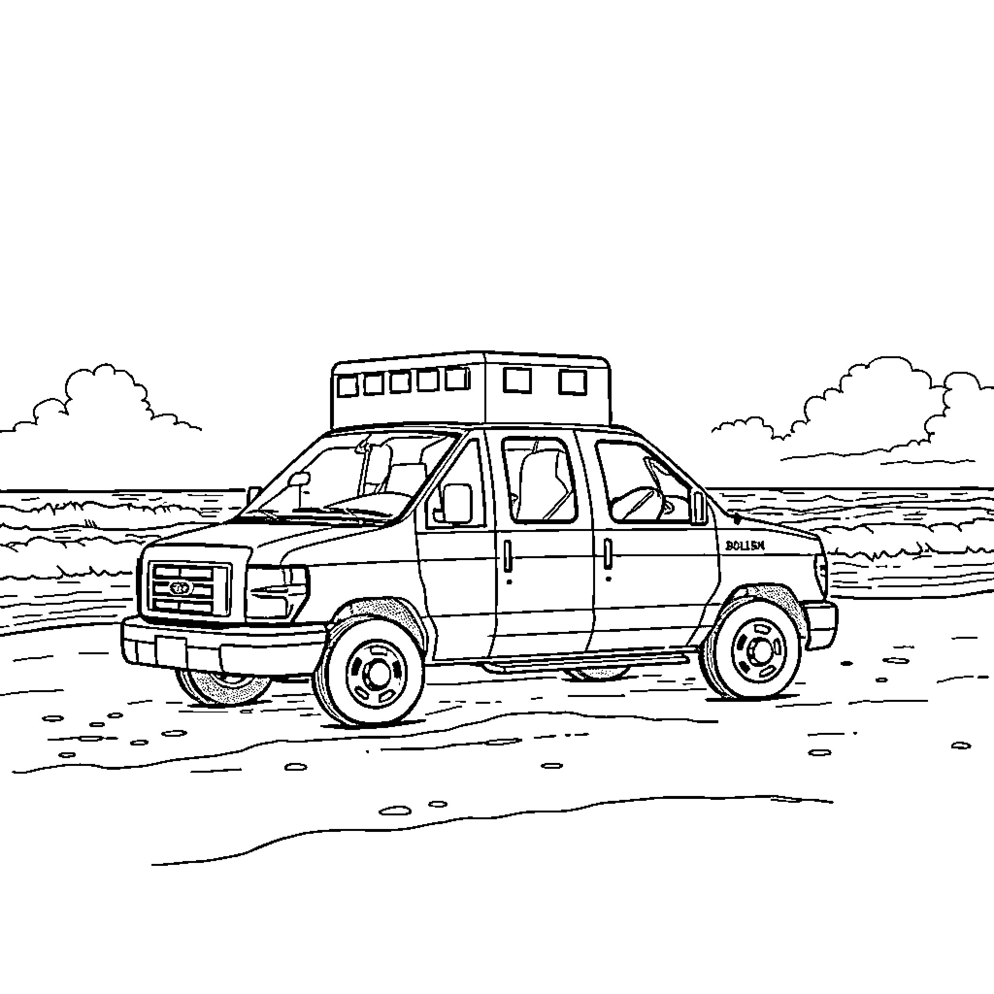 Ambulance vehicle transporting patients on the road Coloring Page (free black-and-white line drawing printable PDF for all, from beginners to advanced learners, including children, teens, adults, and seniors)