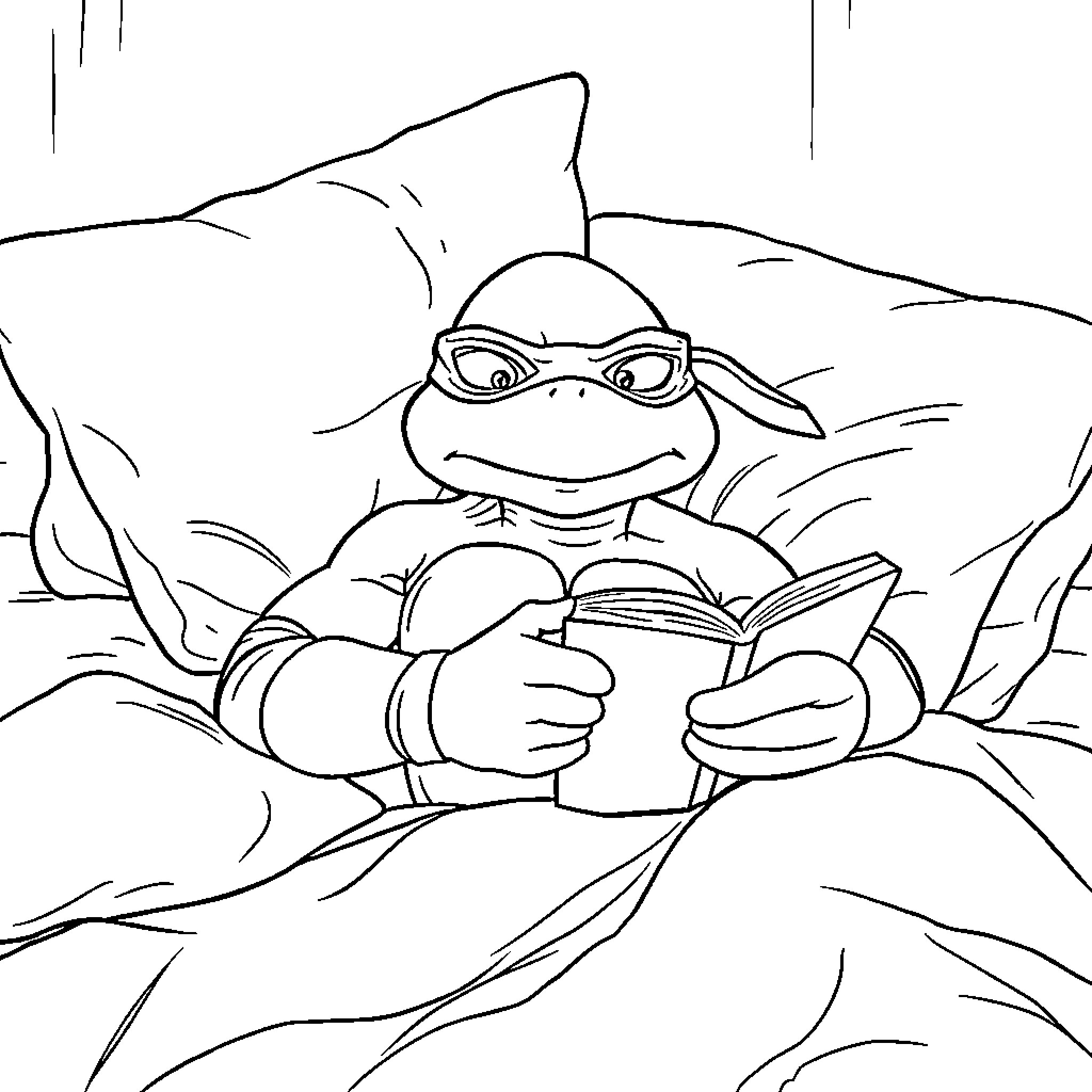 Ninja Turtle reading a book in the wilderness Coloring Page (free black-and-white line drawing printable PDF for all, from beginners to advanced learners, including children, teens, adults, and seniors)