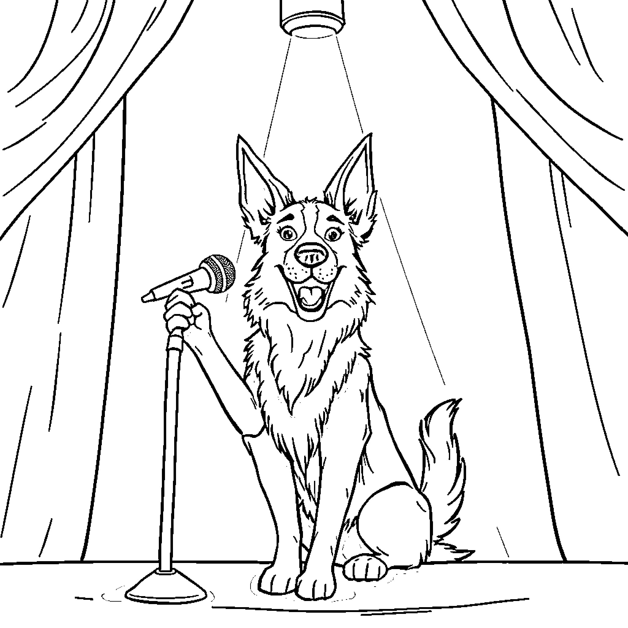Kelpie Performing on Stage Coloring Page (free black-and-white line drawing printable PDF for all, from beginners to advanced learners, including children, teens, adults, and seniors)