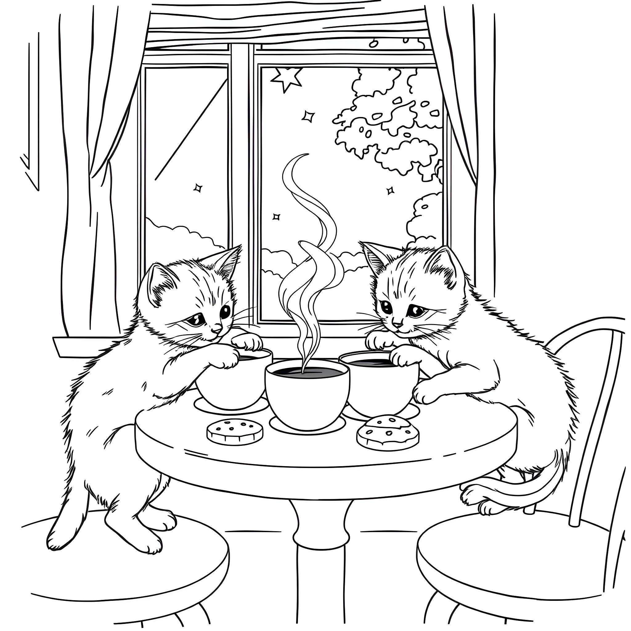 Kittens enjoying hot drinks by the window Coloring Page (free black-and-white line drawing printable PDF for all, from beginners to advanced learners, including children, teens, adults, and seniors)