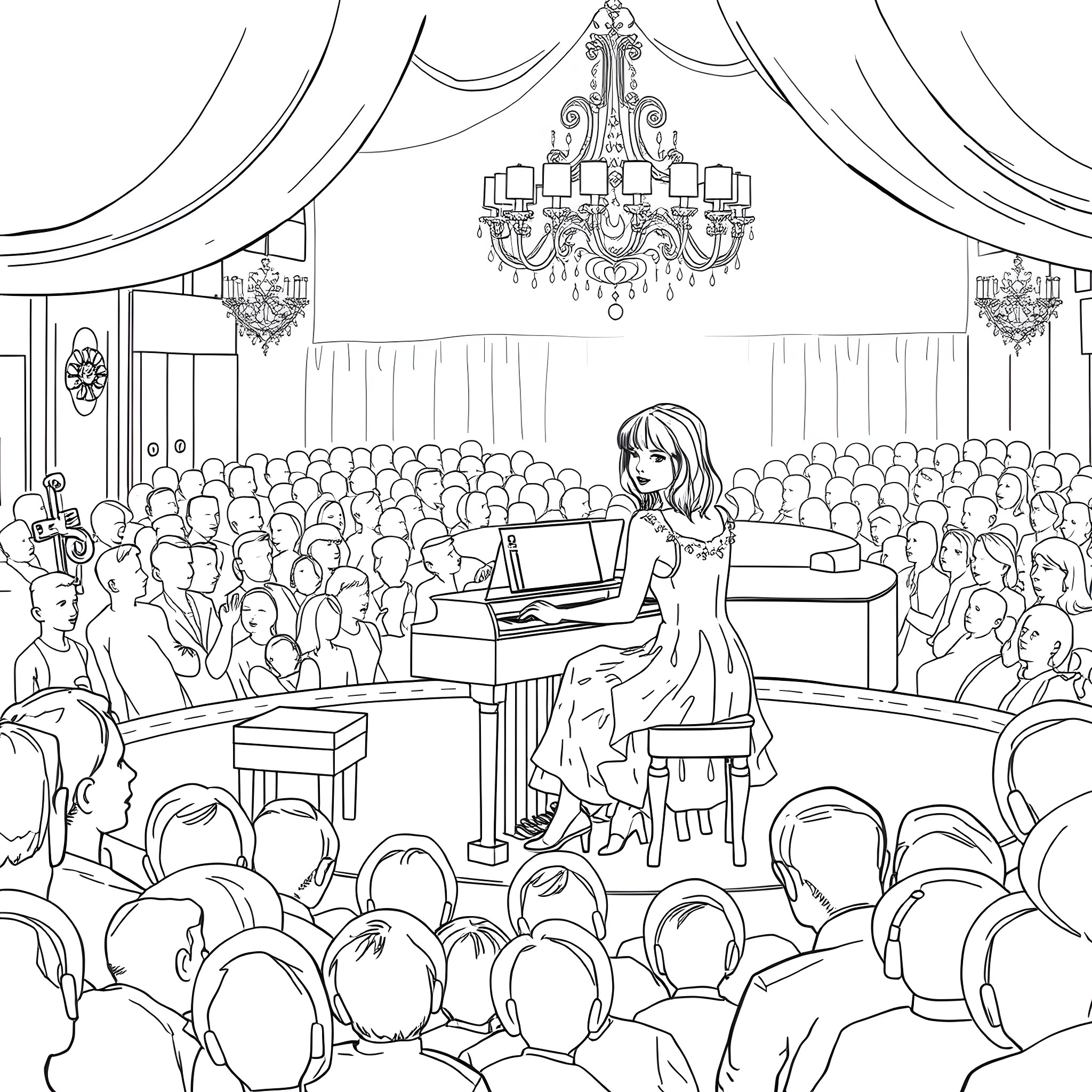 Taylor Swift Performing on Stage for Cheering Audience Coloring Page (free black-and-white line drawing printable PDF for all, from beginners to advanced learners, including children, teens, adults, and seniors)