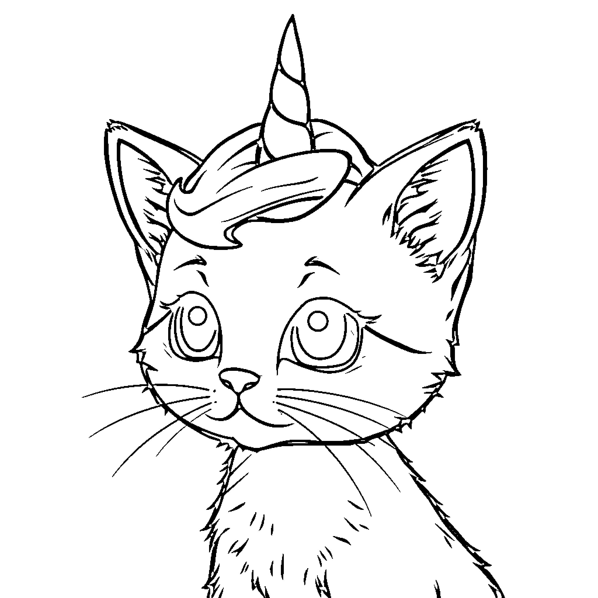 Kitty with Magical Unicorn Horn Coloring Page (free black-and-white line drawing printable PDF for all, from beginners to advanced learners, including children, teens, adults, and seniors)