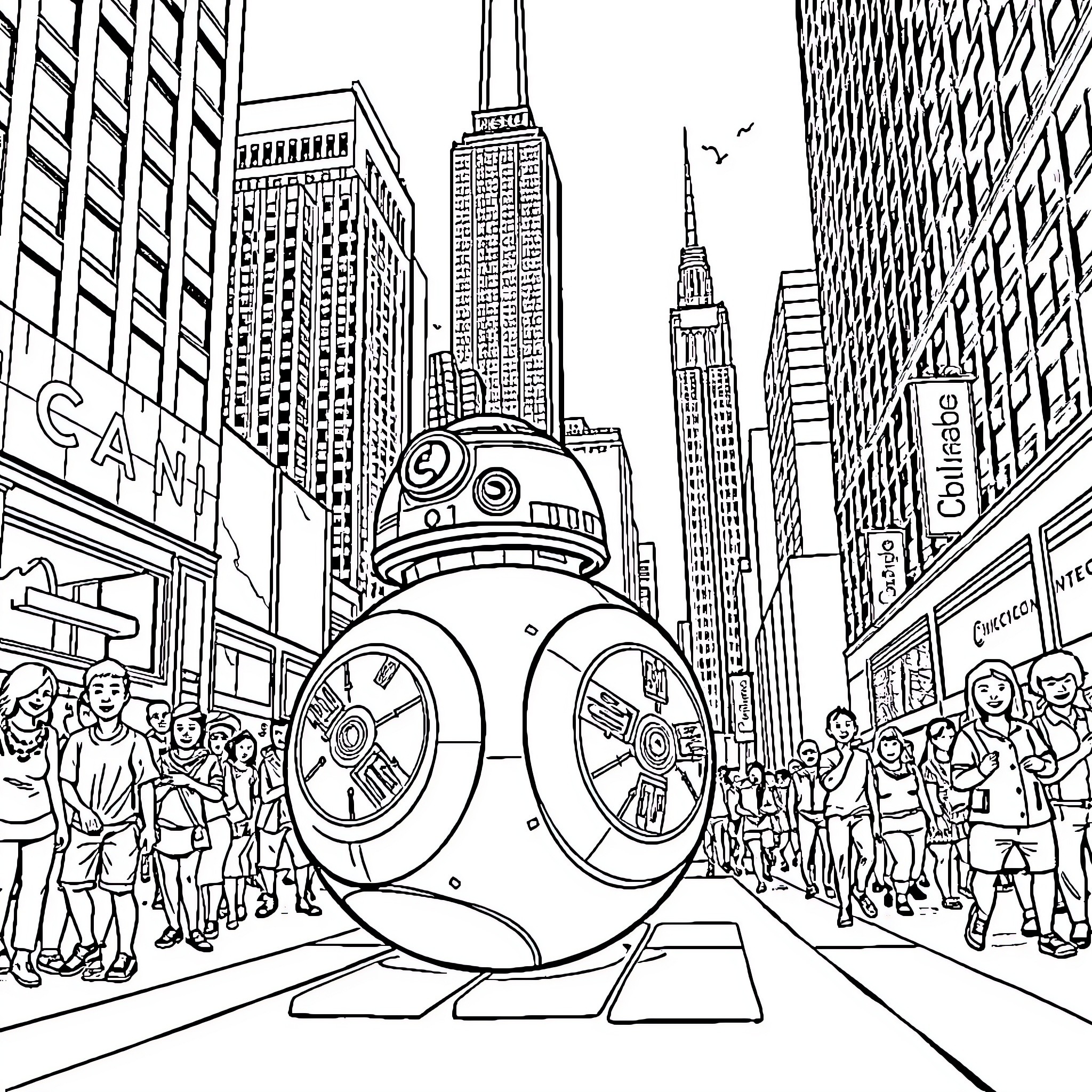 Bb8 navigating through the bustling city streets Coloring Page (free black-and-white line drawing printable PDF for all, from beginners to advanced learners, including children, teens, adults, and seniors)