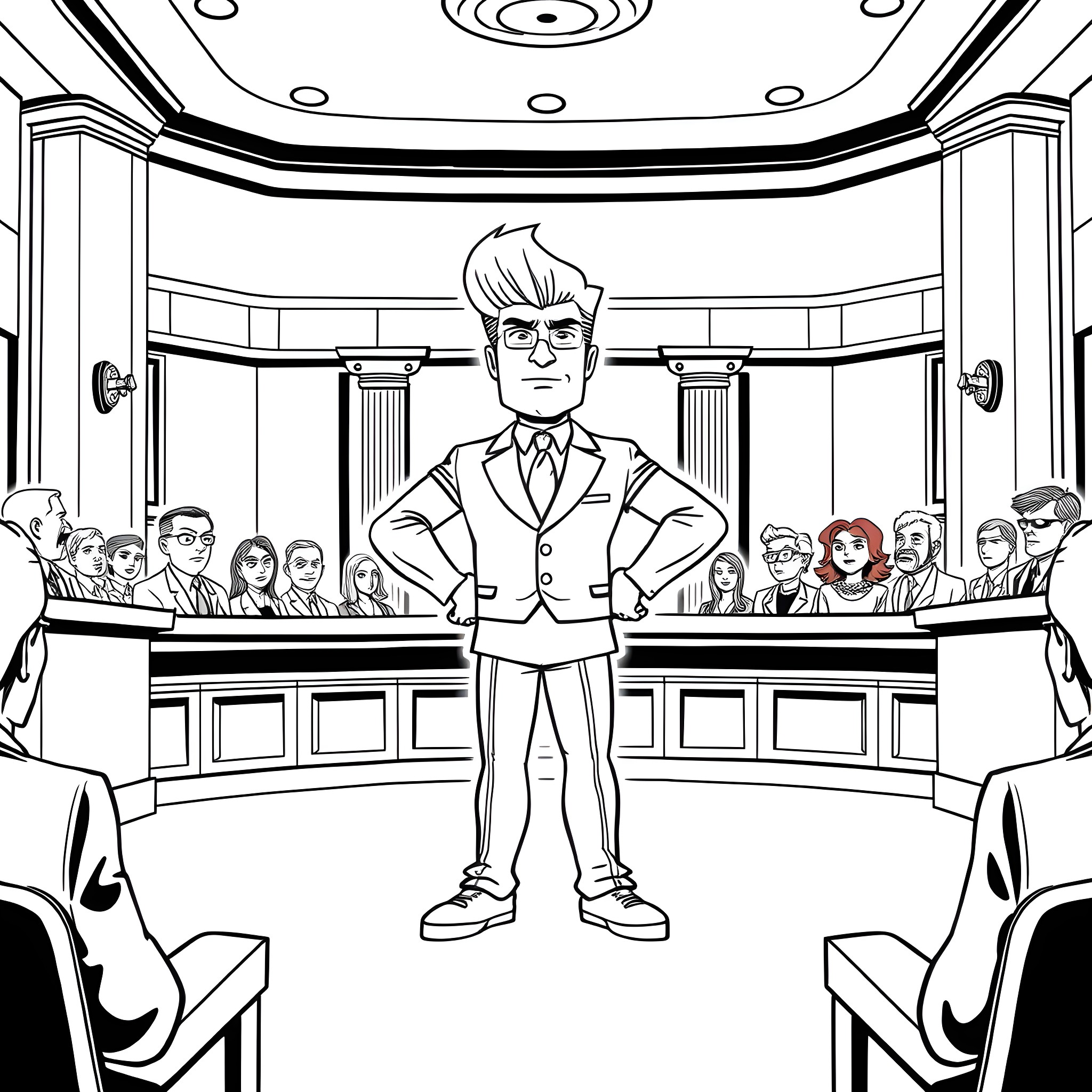 Jhonny Bravo in a courtroom with people Coloring Page (free black-and-white line drawing printable PDF for all, from beginners to advanced learners, including children, teens, adults, and seniors)