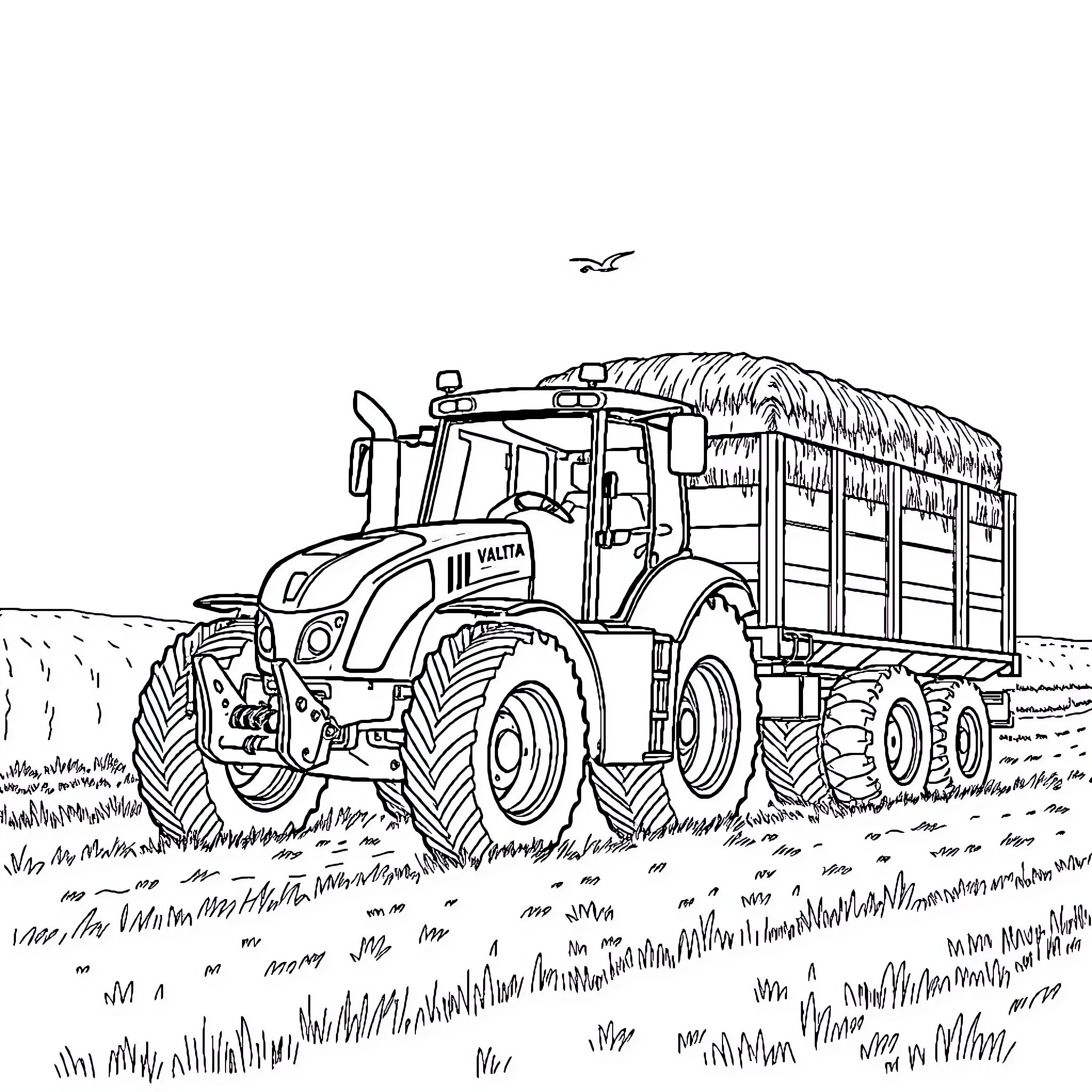 Tractor transporting crops in the field Coloring Page (free black-and-white line drawing printable PDF for all, from beginners to advanced learners, including children, teens, adults, and seniors)