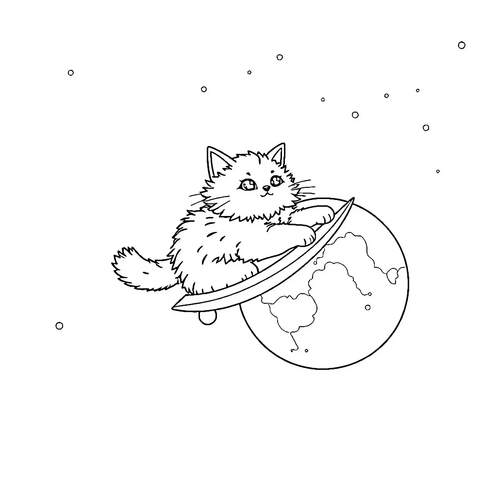 Cat riding a flying saucer in space Coloring Page (free black-and-white line drawing printable PDF for all, from beginners to advanced learners, including children, teens, adults, and seniors)