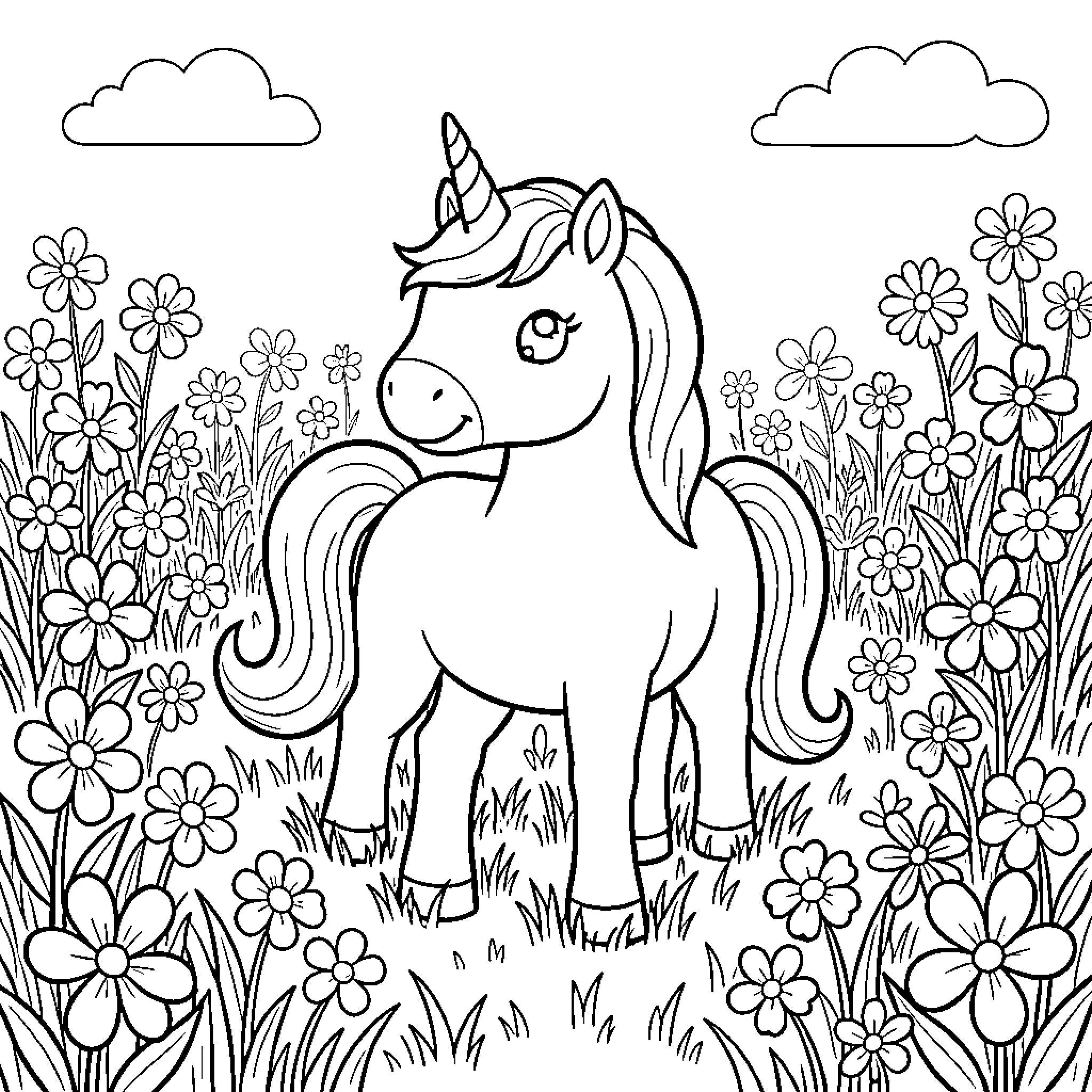 Unicorn standing in a flowery meadow Coloring Page (free black-and-white line drawing printable PDF for all, from beginners to advanced learners, including children, teens, adults, and seniors)
