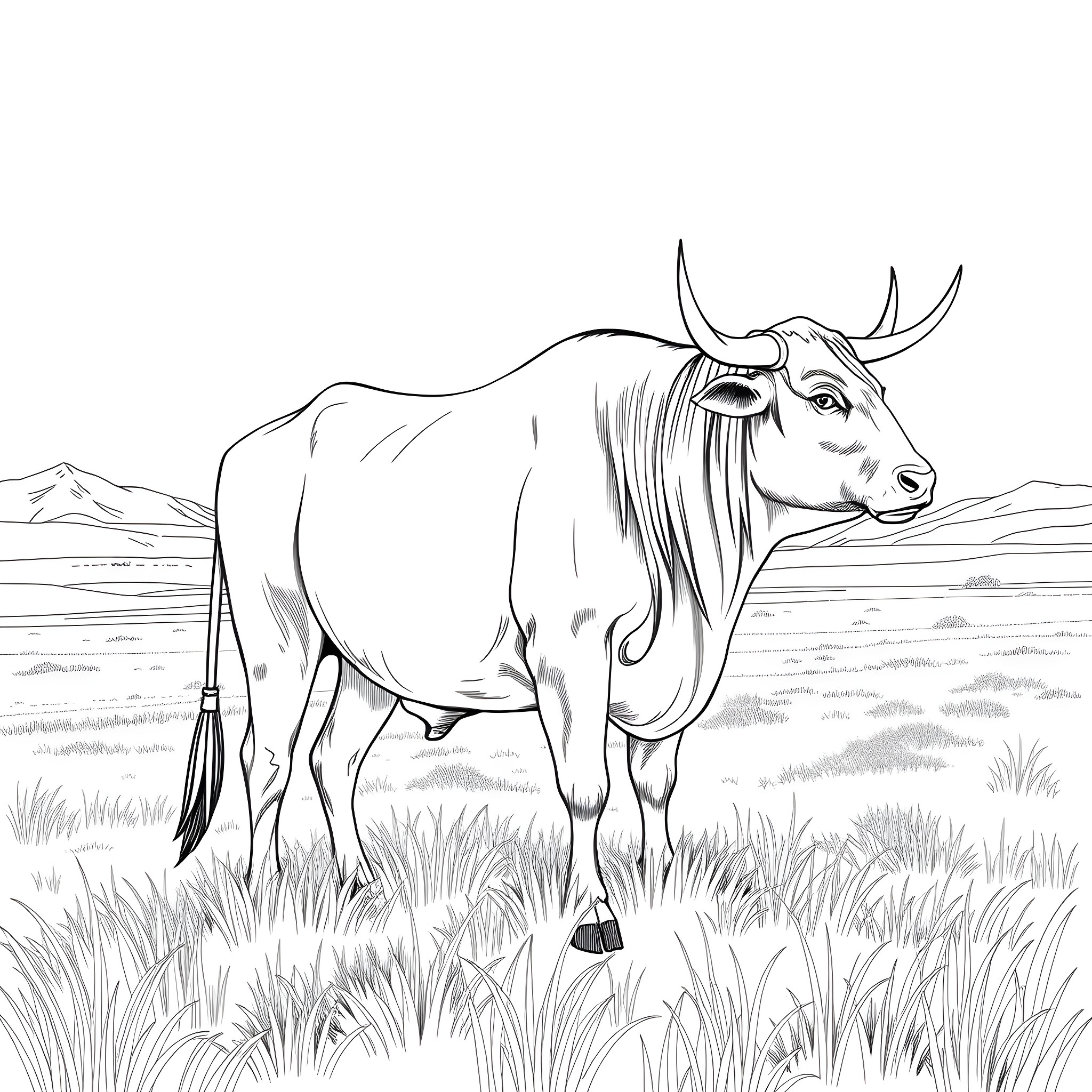 Ox standing proudly in a grassy field Coloring Page (free black-and-white line drawing printable PDF for all, from beginners to advanced learners, including children, teens, adults, and seniors)