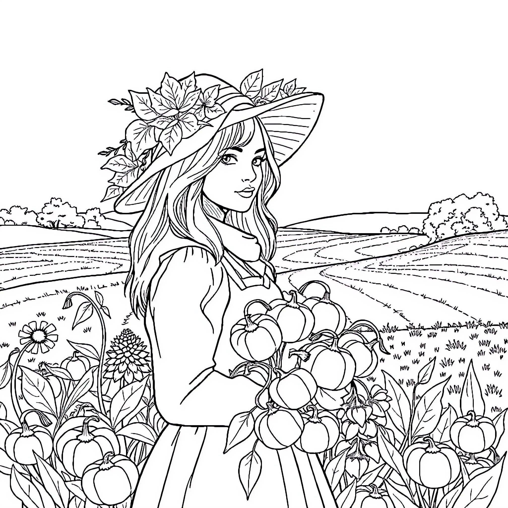 Femme in floral field with whimsical hat Coloring Page (free black-and-white line drawing printable PDF for all, from beginners to advanced learners, including children, teens, adults, and seniors)