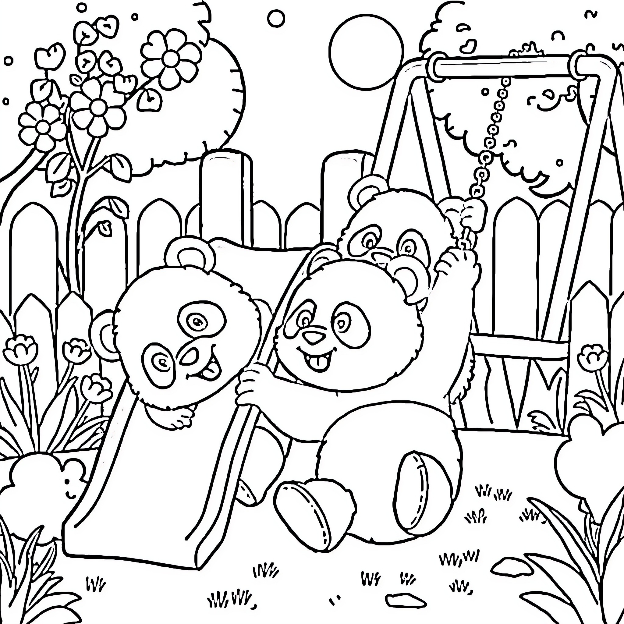 Panda bear friends playing on a slide in the park Coloring Page (free black-and-white line drawing printable PDF for all, from beginners to advanced learners, including children, teens, adults, and seniors)
