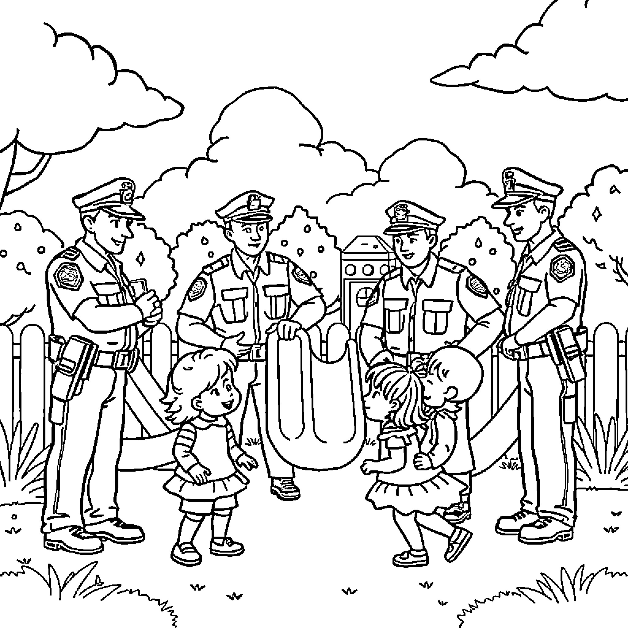 Police Officers Interacting with Children in the Park Coloring Page (free black-and-white line drawing printable PDF for all, from beginners to advanced learners, including children, teens, adults, and seniors)