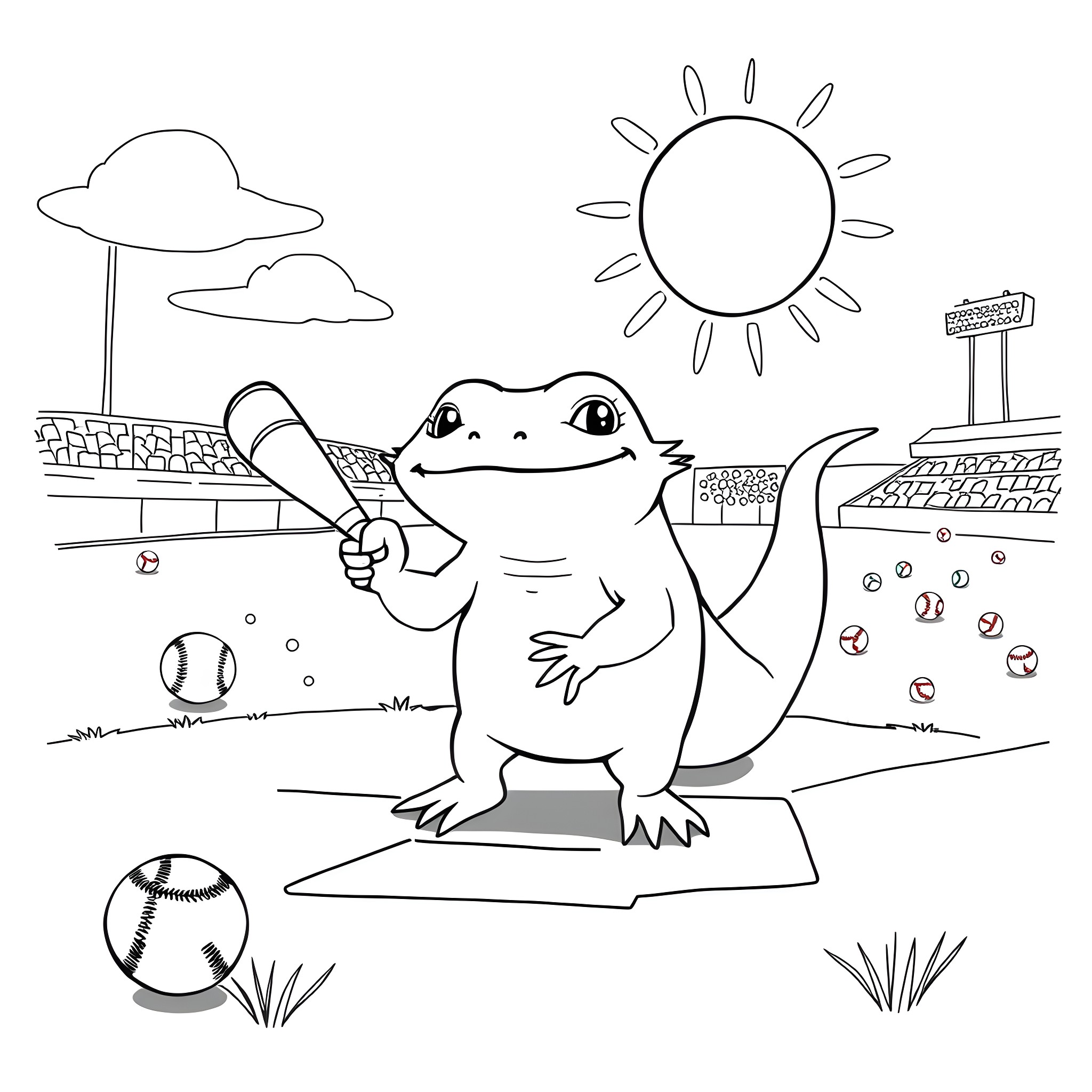 Axolotl playing baseball on the field Coloring Page (free black-and-white line drawing printable PDF for all, from beginners to advanced learners, including children, teens, adults, and seniors)