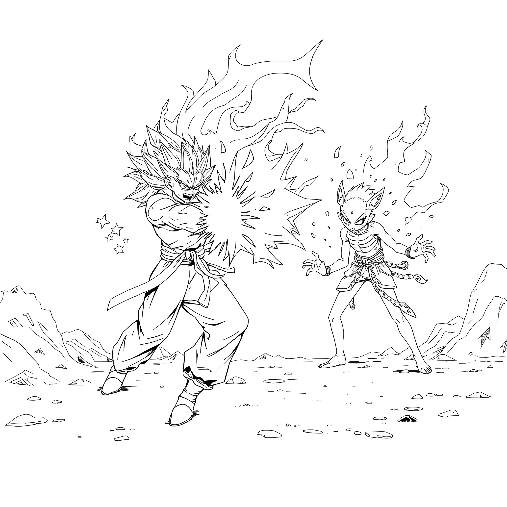 Gojo's Powerful Abilities in an Epic Confrontation Coloring Page (free black-and-white line drawing printable PDF for all, from beginners to advanced learners, including children, teens, adults, and seniors)