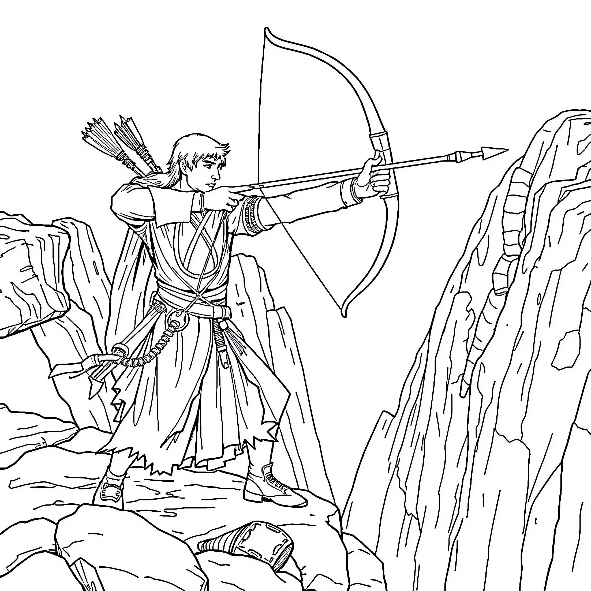 Aragorn the Skilled Archer Atop the Rugged Cliff Coloring Page (free black-and-white line drawing printable PDF for all, from beginners to advanced learners, including children, teens, adults, and seniors)