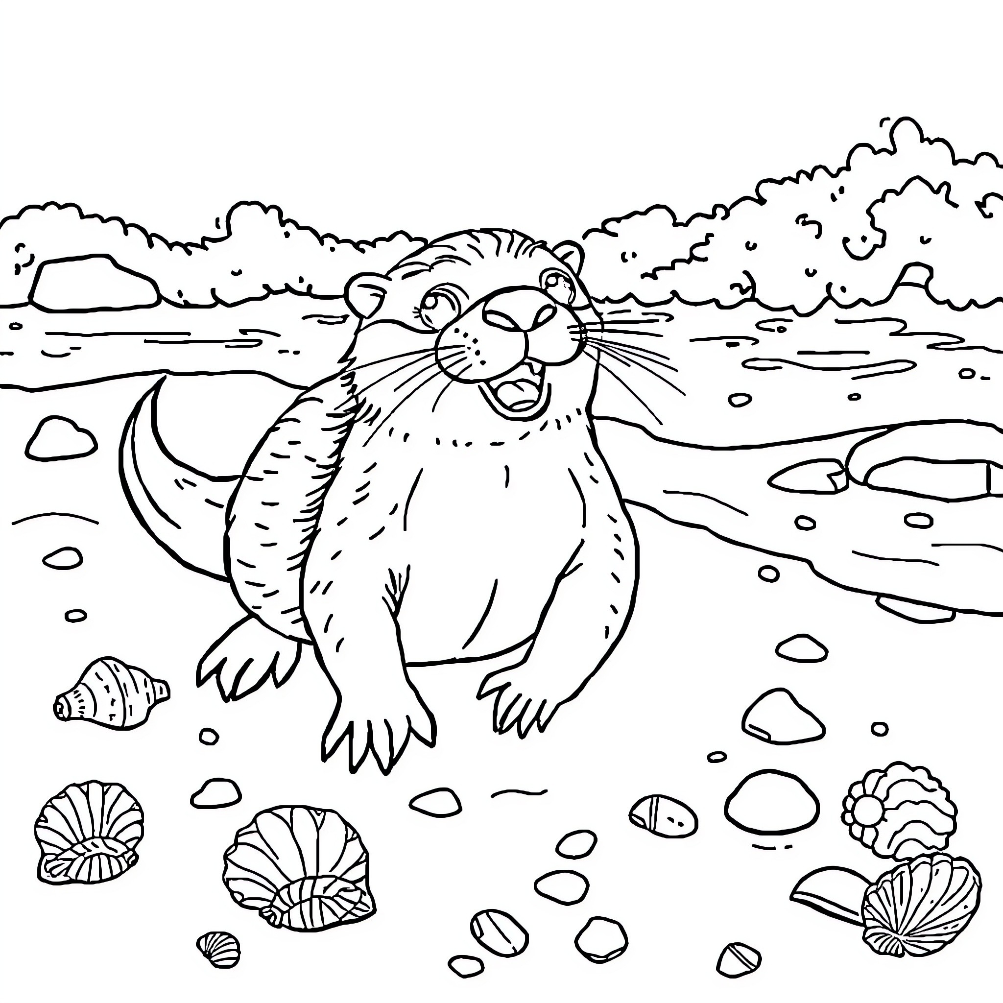 Harry Otter exploring the riverbed and rocks Coloring Page (free black-and-white line drawing printable PDF for all, from beginners to advanced learners, including children, teens, adults, and seniors)